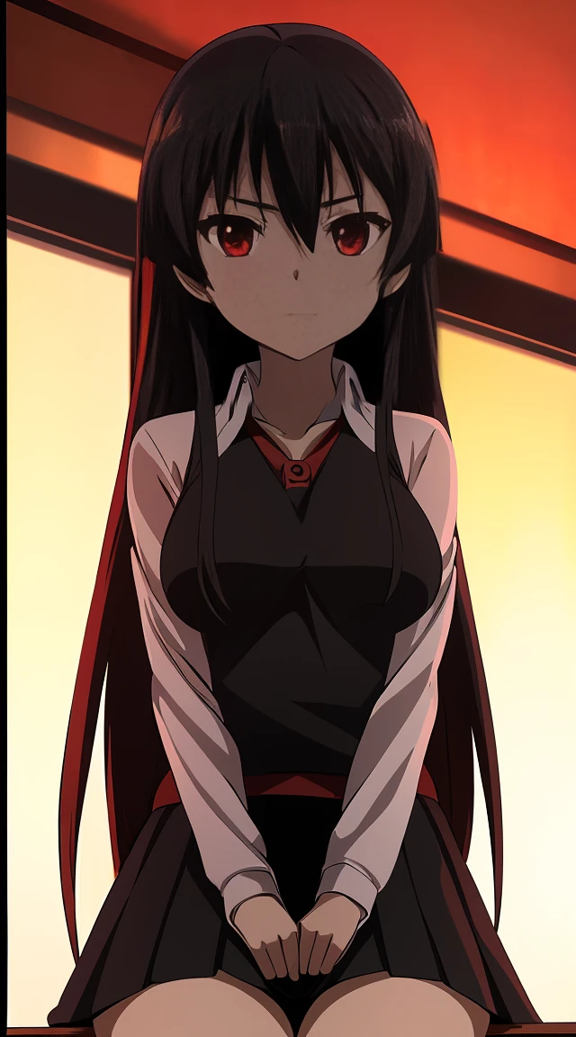 Akame (akame ga kill) anime art style, master piece, best quality,1girl,siting ,very long black hair, perfect face, beautiful red eyes ,medium breasts ((school uniform Japanese ,White shirt arms short ,black skirt )),red blow, looking at me ,full body, background school