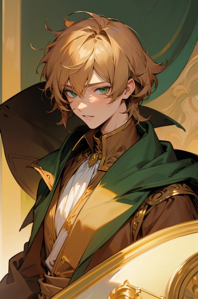 ((best quality)), ((masterpiece)), (detailed), fantasy prince, short shaggy blond hair, green eyes, brown clothes, sun, gold