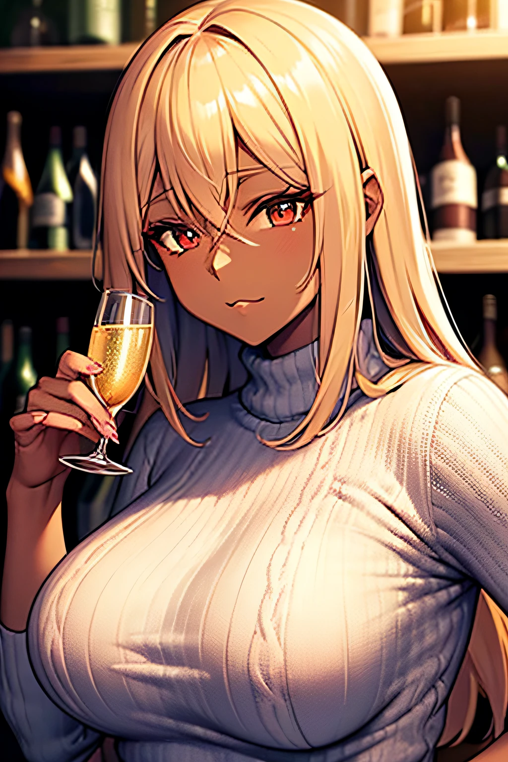 ((masutepiece)), ((Best Quality)), Expressive eyes, Perfect face, BREAK, 1 Lady, (Dark skin:1.4), (pointy ear: 0.7), (chubby:1.1), (Large breasts:1.3), Beautiful blonde hair, Red Eyes, BREAK, white aran sweater (Sipping champagne in a modern bar, At sunset), slightly drunk, BREAK, Solo Focus, Catch Light, Christmas tree, (Room with warm Christmas decorations),