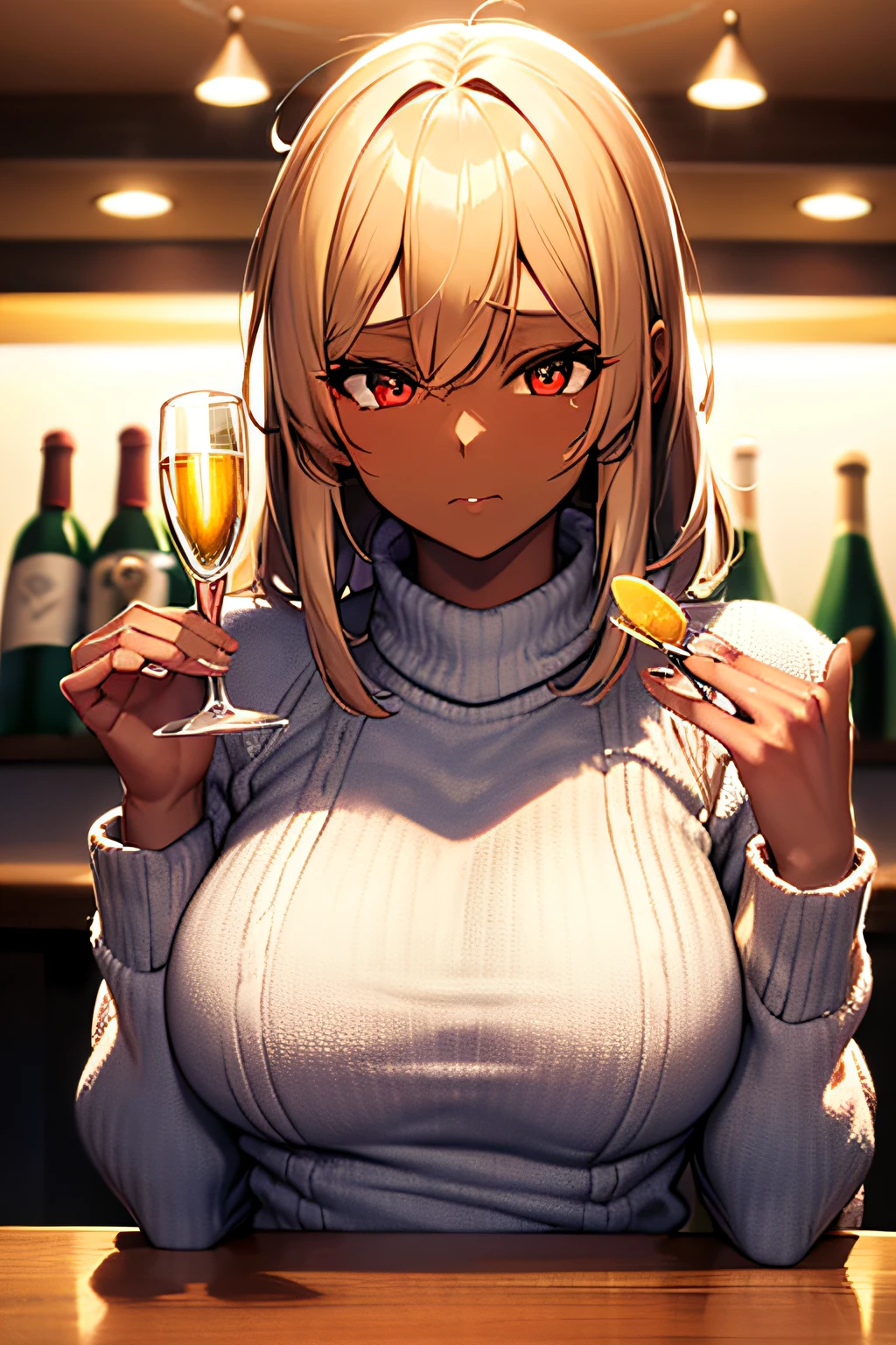 ((masutepiece)), ((Best Quality)), Expressive eyes, Perfect face, BREAK, 1 Lady, (Dark skin:1.4), (pointy ear: 0.7), (chubby:1.1), (Large breasts:1.3), Beautiful blonde hair, Red Eyes, BREAK, white aran sweater (Sipping champagne in a modern bar, At sunset), slightly drunk, BREAK, Solo Focus, Catch Light, Christmas tree, (Room with warm Christmas decorations),