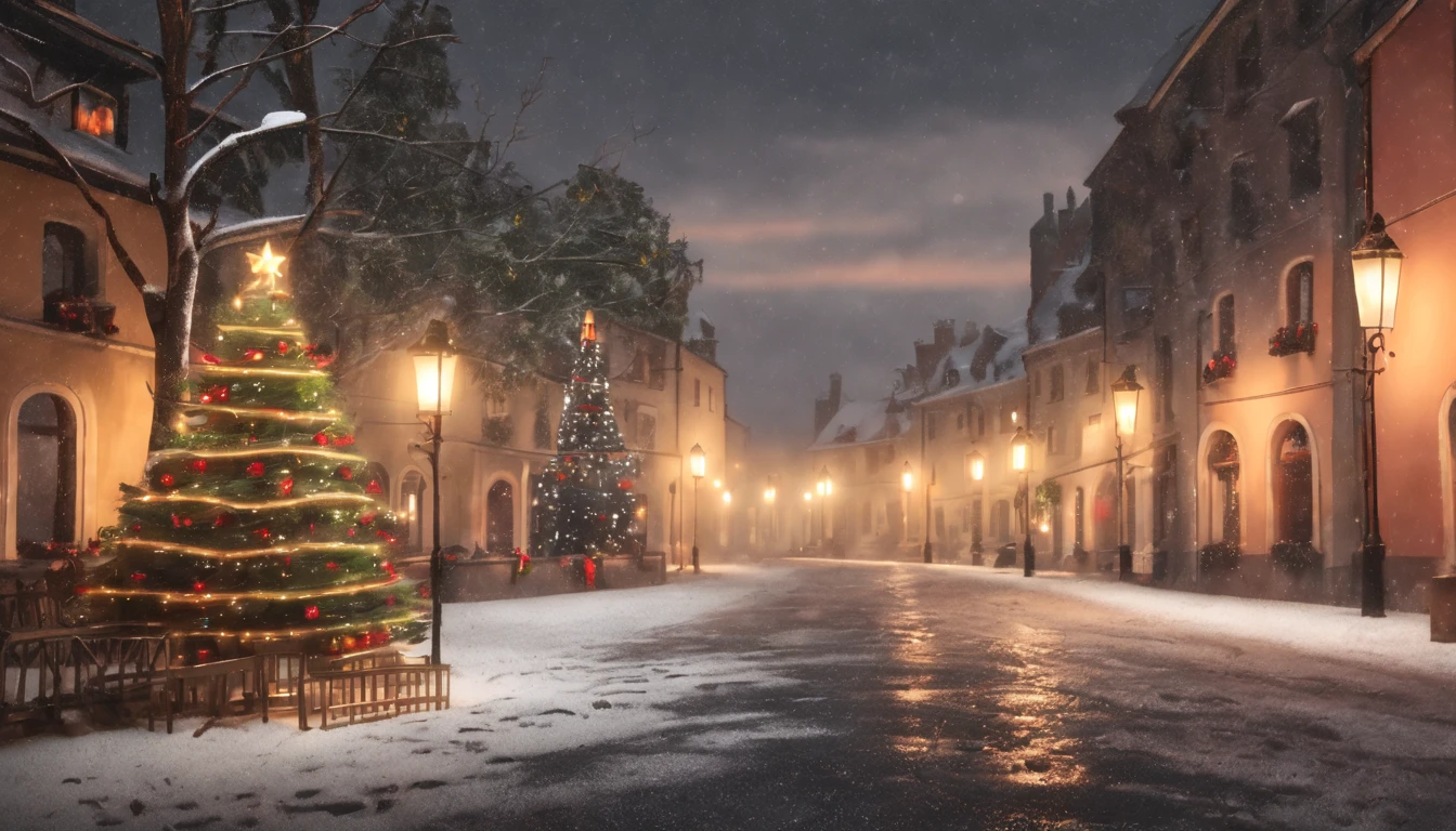 Breathtaking cinematic photo of a real Hyperrealistic christmas landscape photo of a village covered with snow in the ethereal mist,((snow is falling)), (((christmas tree:1.8 in the center: 1.5)))), ((street lanterns: 1.8)), (((people walking on the streetew houses with illuminated windows, smokey chimneys,vivid colors, snowy sky, sunset,pink color gradient to orange color in the sky, extremely high-resolution details, photorealism, realistic lifelike textures, masterpiece, best quality, photograph, dreamlike, intricate details, sharp focus, photography, photorealism, photorealistic, 8k, volumetric light, (intricate details), (hyperdetailed), hdr, high detailed, lot of details, high quality, soft cinematic light, dramatic atmosphere, atmospheric perspective, ultra realistic, neutral colors, cinematic lighting, sharp focus, wide angle, film grain, dslr, raw photo,