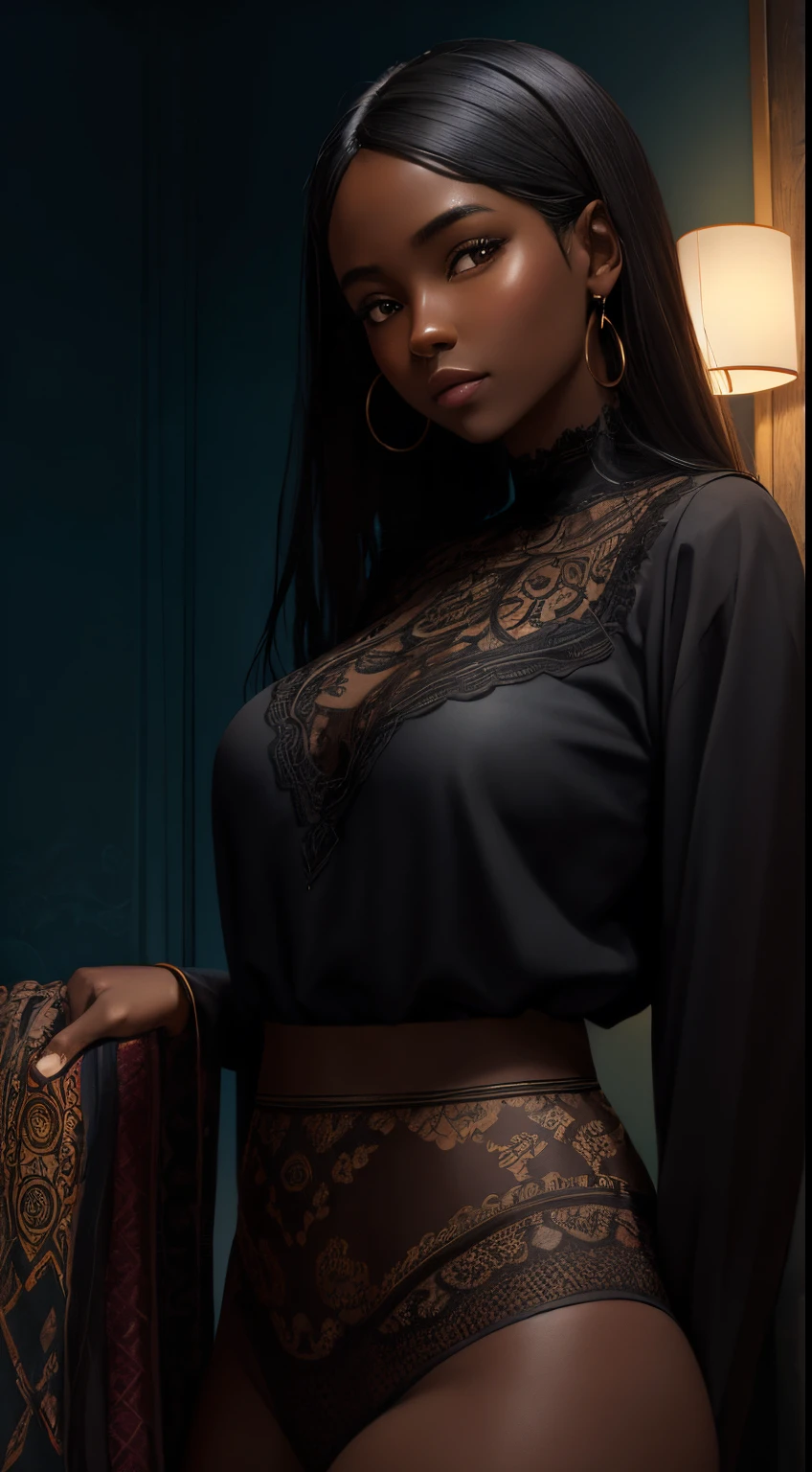 A brief moment of calm, beautiful black woman with cinnamon skintone, dark skin, neutral color lace clothing against the vibrant colors of a wall tapestry. Portrait shot with peach and cyan lighting , detailed intricate , in the style of James Jean and Thomas Kincaid , chiaroscuro, wabi sabi art style , obscura, beautiful, masterpiece, behance winning, oil painting, romanticism