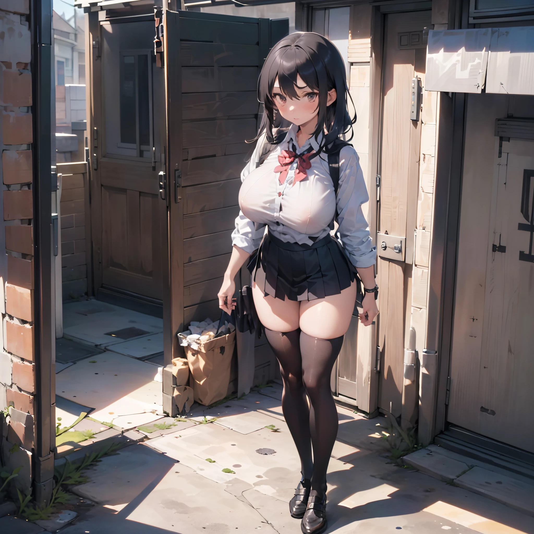 (1 girl standing:1.3), (solo:2.0), (huge perky breasts:1.7), thin waist, (thin long legs:1.5), (black thighhighs:1.3), (very short skirt:1.5), nose blush, school uniform