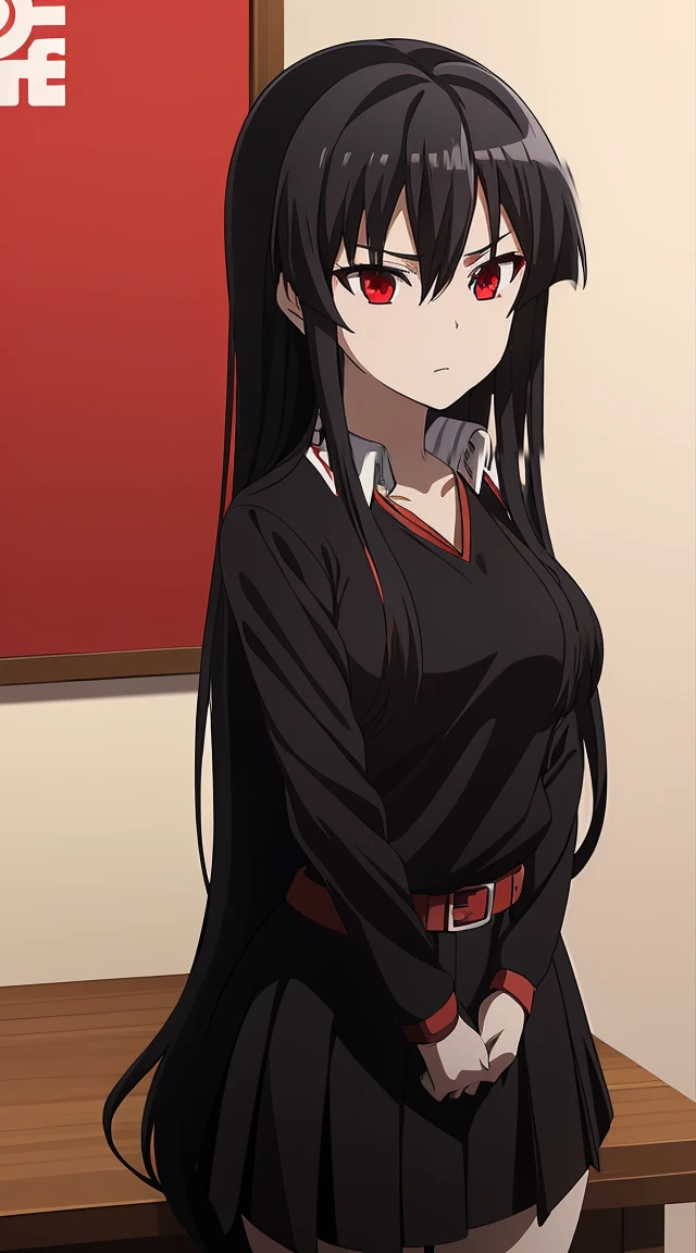 Akame (akame ga kill) anime art style, master piece, best quality,1girl,siting ,very long black hair, perfect face, beautiful red eyes ,medium breasts ((school uniform Japanese ,White shirt arms short ,black skirt )),red blow,black belt , looking at me ,full body, background school