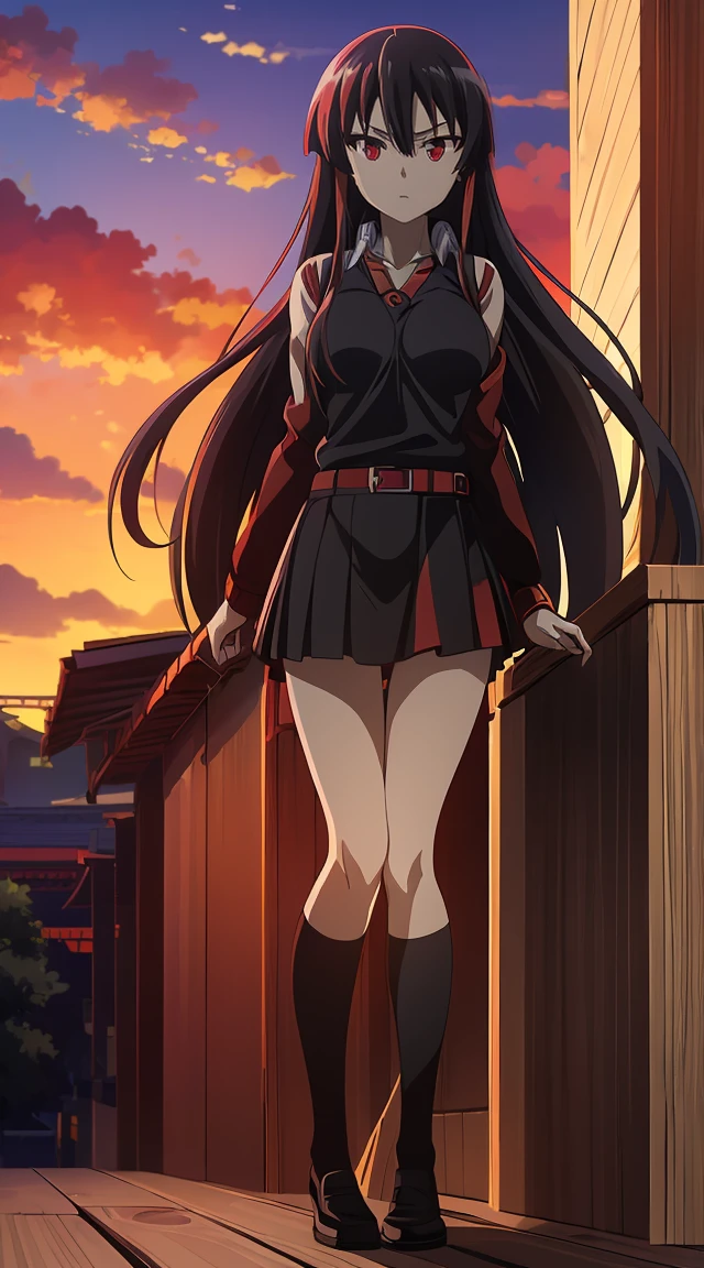 Akame (akame ga kill) anime art style, master piece, best quality,1girl,siting ,very long black hair, perfect face, beautiful red eyes ,medium breasts ((school uniform Japanese ,White shirt arms short ,black skirt )),red blow,black belt , looking at me ,full body, background school