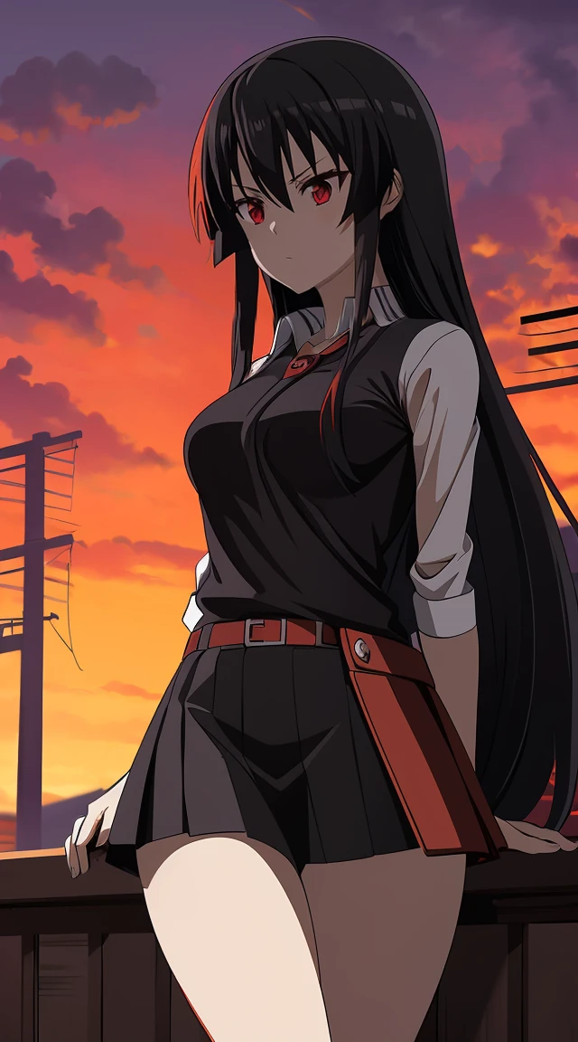 Akame (akame ga kill) anime art style, master piece, best quality,1girl,siting ,very long black hair, perfect face, beautiful red eyes ,medium breasts ((school uniform Japanese ,White shirt arms short ,black skirt )),red blow,black belt , looking at me ,full body, background school