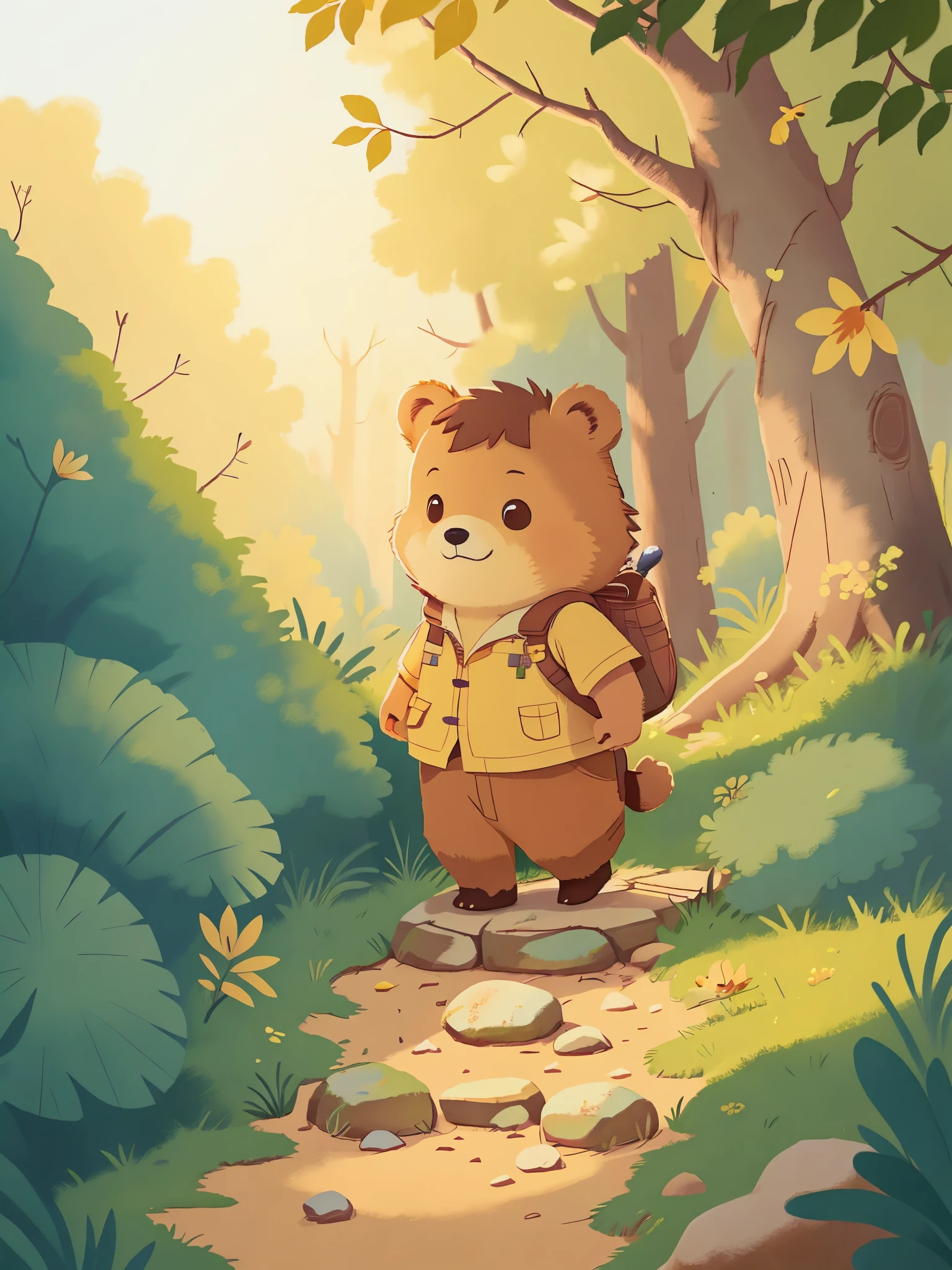 The golden light of the setting sun guides the little bear，The little bear&#39;s steps became brisk，Heading home，