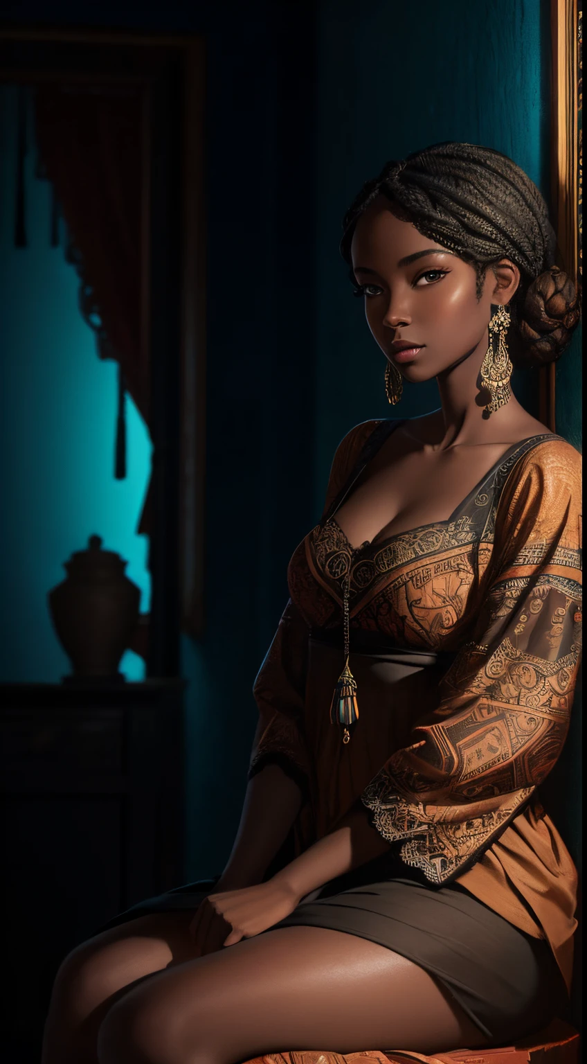 A brief moment of calm, beautiful black woman with cinnamon skintone, dark skin, neutral color lace clothing against the vibrant colors of a wall tapestry. Portrait shot with peach and cyan lighting , detailed intricate , in the style of James Jean and Thomas Kincaid , chiaroscuro, wabi sabi art style , obscura, beautiful, masterpiece, behance winning, oil painting, romanticism