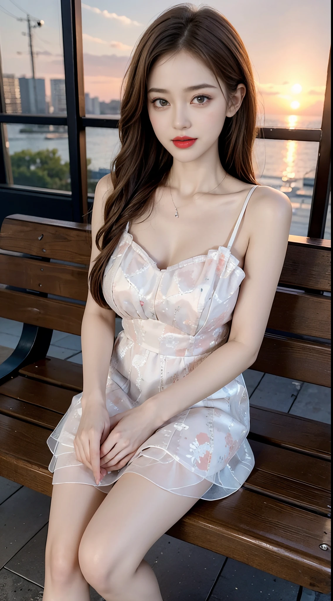 Sweet girl dress2,dress, fashi-girl, red lips, mature female, makeup, Big eyes, Pretty eyes, ((full body)), ((Random shooting angles)), (best quality, masterpiece:1.2), ultra-detailed, (realistic:1.37), beautiful, youthful, glamorous model with (detailed eyes, detailed lips, extremely detailed eyes), with white and floral colors, showcasing a radiant smile, creating a breathtaking depiction of a girl, Warm tones, extremely high color saturation, official art, extremely detailed CG unified 8k wallpaper,(High dynamic range :1.4), (cinematic),(soft colors, dull colors, soothing tones :1.3), (natural skin texture, ultra-realistic, soft light, sharp),(very detailed), Night, moonlight, In an antique pavilion, sit on a bench against the guardrail