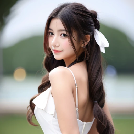 Young woman with long hair、hair tied back with a ribbon、wearing a white dress