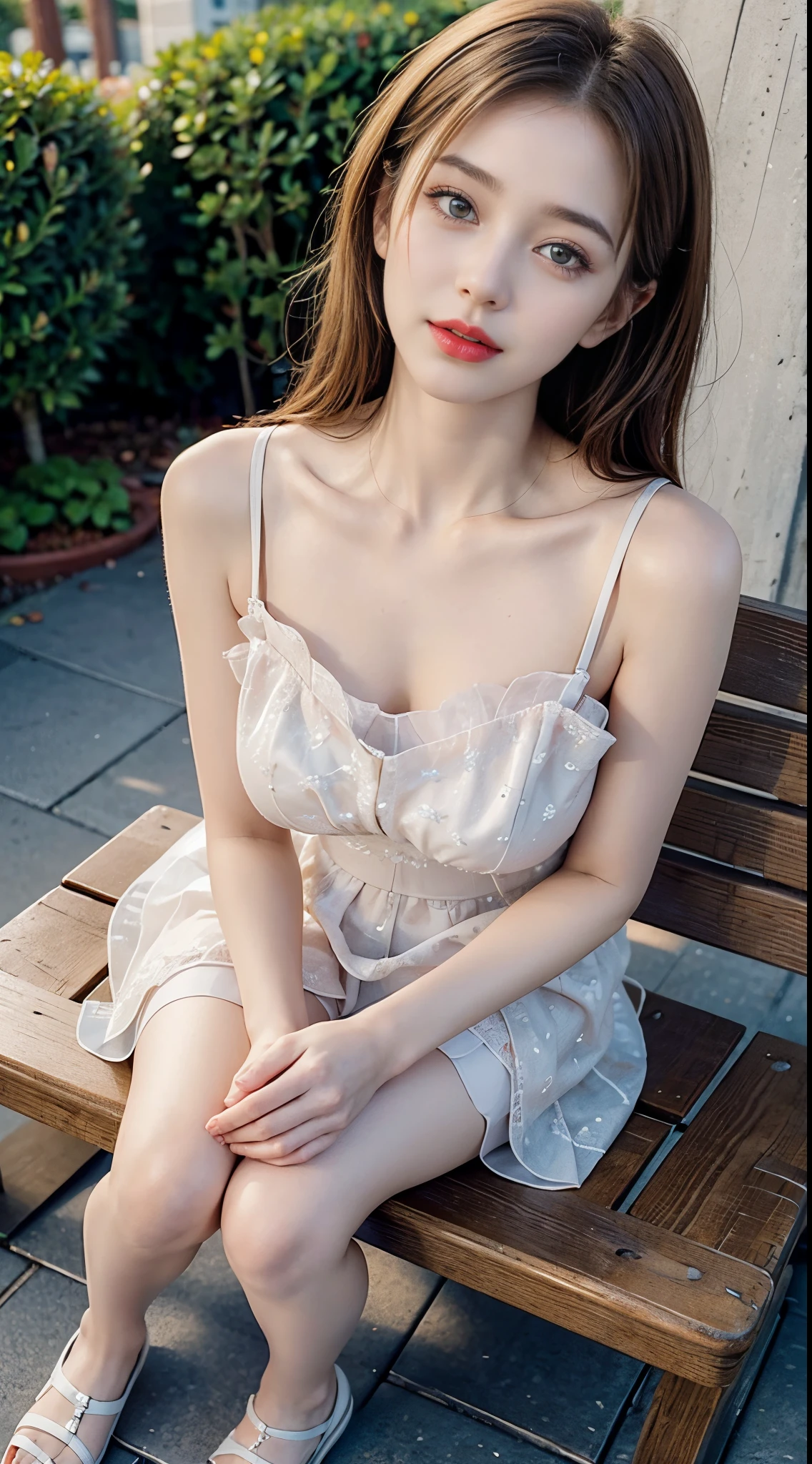 (8k, best quality, masterpiece:1.2), (realistic, photo-realistic:1.5),1girl, cute, sitting, outside,(smile:1.15), (closed mouth) huge breasts, beautiful detailed eyes,  (translucent tiny dress: 1.4),full body, ((topless)), ((best quality)),((ultra-detailed)), no underwear , no panties, nice background,  floating hair, naughty face, (big breast), (pretty_pussy) beautiful detailed body, detailed eyes,(best quality)