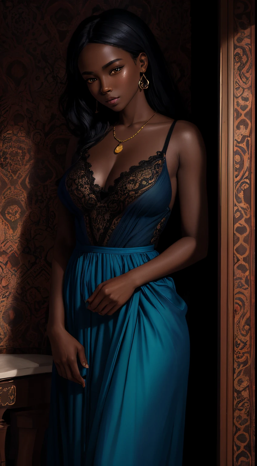 A brief moment of calm, beautiful black woman with cinnamon skintone, dark skin, neutral color lace clothing against the vibrant colors of a wall tapestry. Portrait shot with peach and cyan lighting , detailed intricate , in the style of James Jean and Thomas Kincaid , chiaroscuro, wabi sabi art style , obscura, beautiful, masterpiece, behance winning, oil painting, romanticism