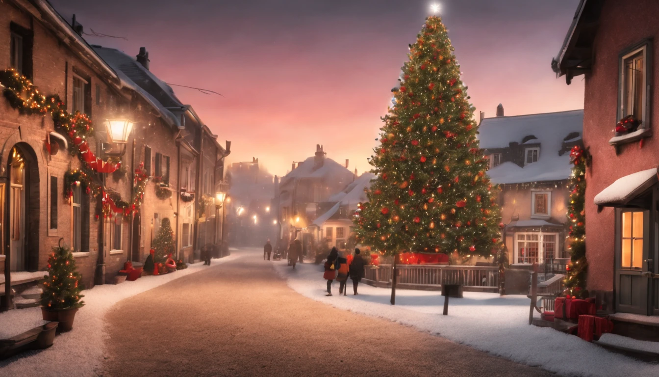 Breathtaking cinematic photo of a real Hyperrealistic christmas landscape photo of a village covered with snow in the ethereal mist,((snow is falling)), (((christmas tree:1.8 in the center: 1.5)))), ((street lanterns: 1.8)), (((people walking on the street))) houses with illuminated windows, smokey chimneys,vivid colors, snowy sky, sunset,pink color gradient to orange color in the sky, extremely high-resolution details, photorealism, realistic lifelike textures, masterpiece, best quality, photograph, dreamlike, intricate details, sharp focus, photography, photorealism, photorealistic, 8k, volumetric light, (intricate details), (hyperdetailed), hdr, high detailed, lot of details, high quality, soft cinematic light, dramatic atmosphere, atmospheric perspective, ultra realistic, neutral colors, cinematic lighting, sharp focus, wide angle, film grain, dslr, raw photo,