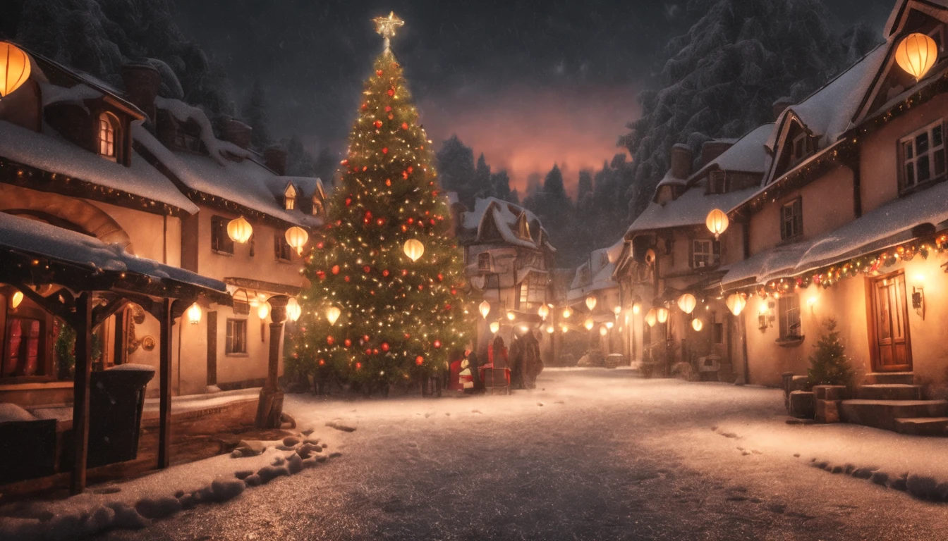 Breathtaking cinematic photo of a real Hyperrealistic christmas landscape photo of a village covered with snow in the ethereal mist,((snow is falling)), (((christmas tree:1.8 in the center: 1.5)))), ((street lanterns: 1.8)), (((people walking on the street))) houses with illuminated windows, smokey chimneys,vivid colors, snowy sky, sunset,pink color gradient to orange color in the sky, extremely high-resolution details, photorealism, realistic lifelike textures, masterpiece, best quality, photograph, dreamlike, intricate details, sharp focus, photography, photorealism, photorealistic, 8k, volumetric light, (intricate details), (hyperdetailed), hdr, high detailed, lot of details, high quality, soft cinematic light, dramatic atmosphere, atmospheric perspective, ultra realistic, neutral colors, cinematic lighting, sharp focus, wide angle, film grain, dslr, raw photo,