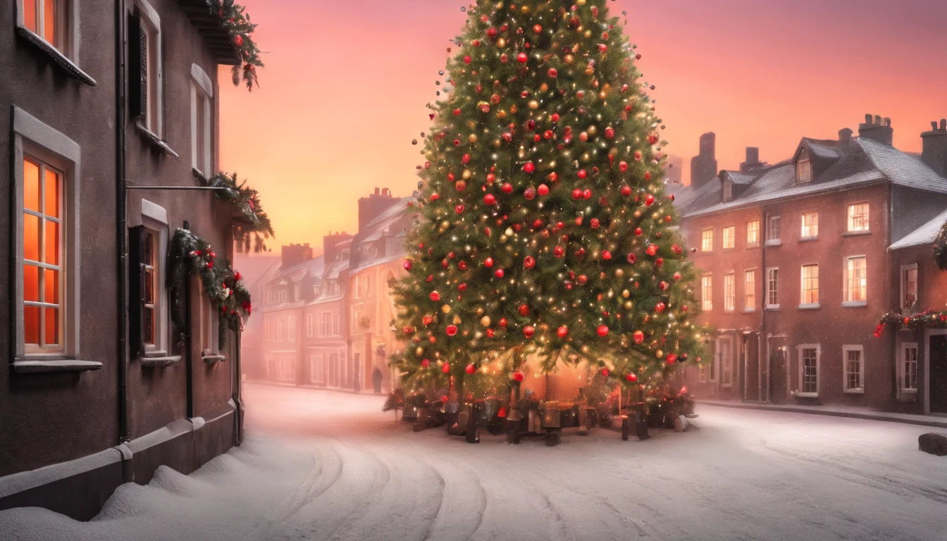 Breathtaking cinematic photo of a real Hyperrealistic christmas landscape photo of a village covered with snow in the ethereal mist,((snow is falling)), (((christmas tree:1.8 in the center: 1.5)))), ((street lanterns: 1.8)), (((people walking on the street))) houses with illuminated windows, smokey chimneys,vivid colors, snowy sky, sunset,pink color gradient to orange color in the sky, extremely high-resolution details, photorealism, realistic lifelike textures, masterpiece, best quality, photograph, dreamlike, intricate details, sharp focus, photography, photorealism, photorealistic, 8k, volumetric light, (intricate details), (hyperdetailed), hdr, high detailed, lot of details, high quality, soft cinematic light, dramatic atmosphere, atmospheric perspective, ultra realistic, neutral colors, cinematic lighting, sharp focus, wide angle, film grain, dslr, raw photo,