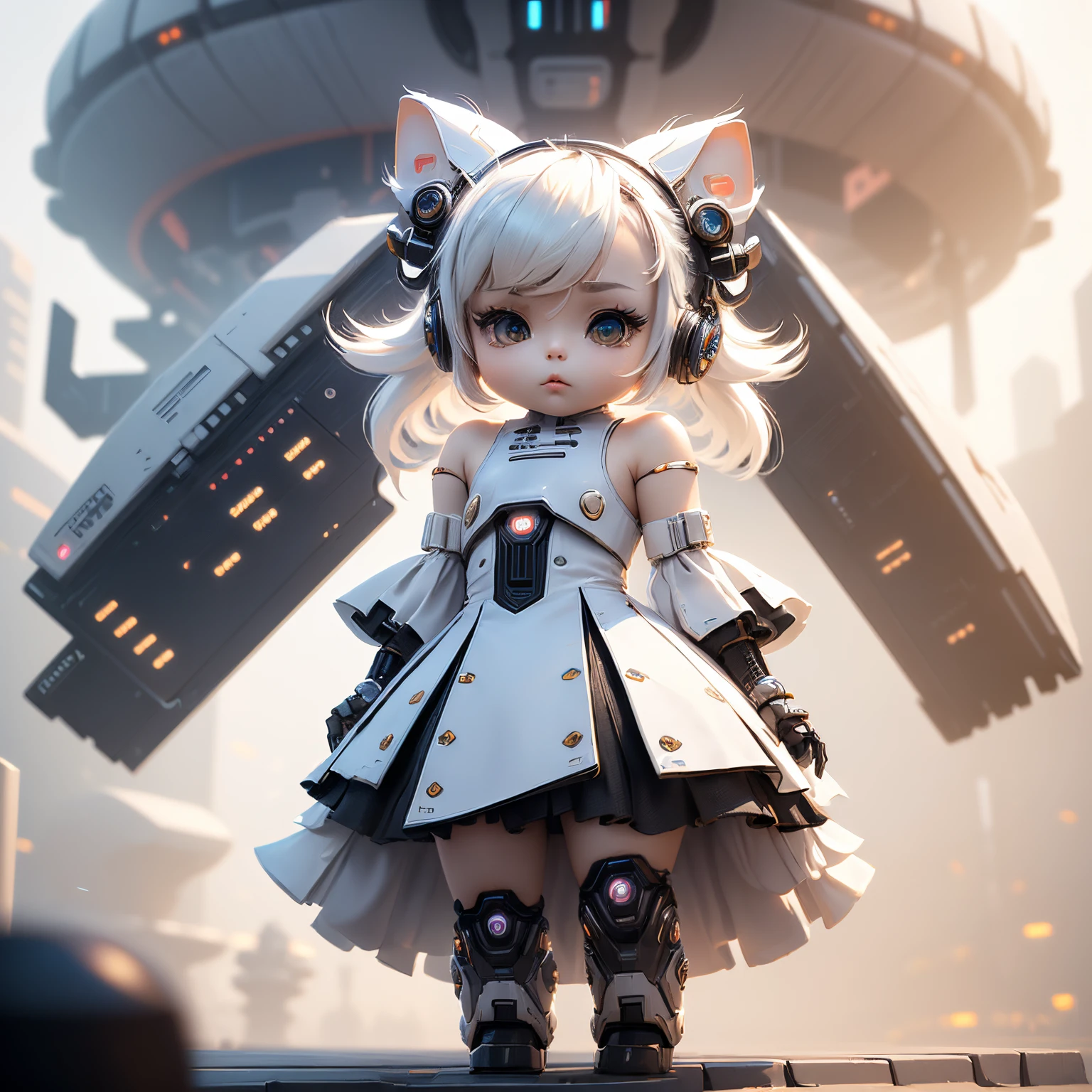 masterpiece、top-quality、ultra-detailliert、(Chibi Chara's Daughter:1.3), (White theme:1.3), (Cyber future design concept:1.4), (white high neck futuristic cyber dress, flare sleeve, flered skirt, Bare shoulder:1.5), (Metallic fabric with built-in LED light:1.3), (Hair ornament inspired by the cyber future:1.3), BREAK
( Cyber futuristic city inspired on white background:1.5), (Blurry:1.4),Chibi Chara Anime