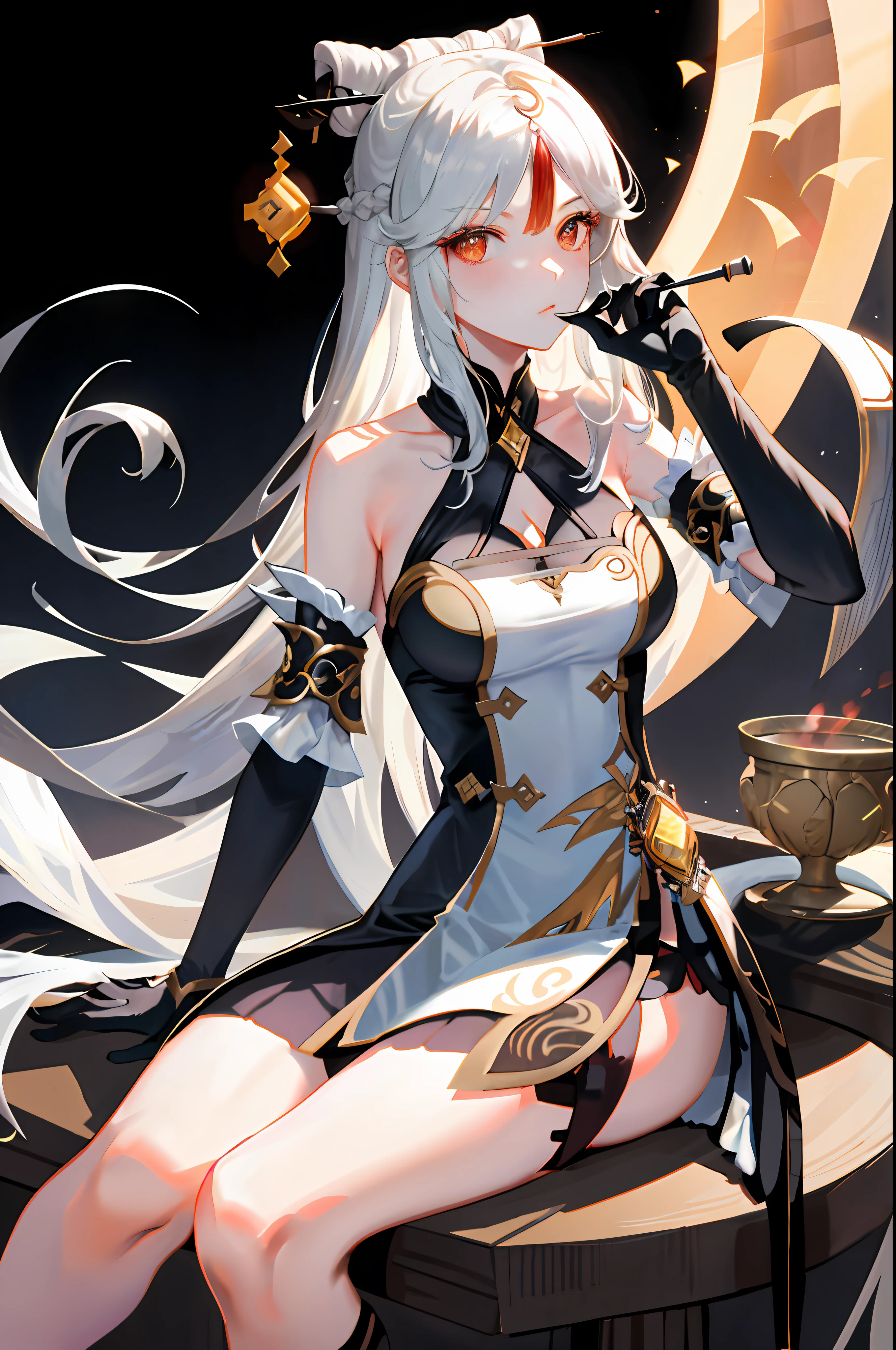 <lora:ningguang:1>ningguang(genshin impact), 1girl, bare shoulders, black footwear, black gloves, china dress, chinese clothes, claw ring, crossed legs, detached sleeves, dress, elbow gloves, fur collar, gloves, hair ornament, hair stick, hairpin, high heels, holding, holding smoking pipe, kiseru, large breasts, leg tattoo, long hair, looking at viewer, parted bangs, red eyes, sidelocks, sitting, smile, smoking pipe, solo, tassel, tattoo, thighs, very long hair, white dress, white hair, yellow dress