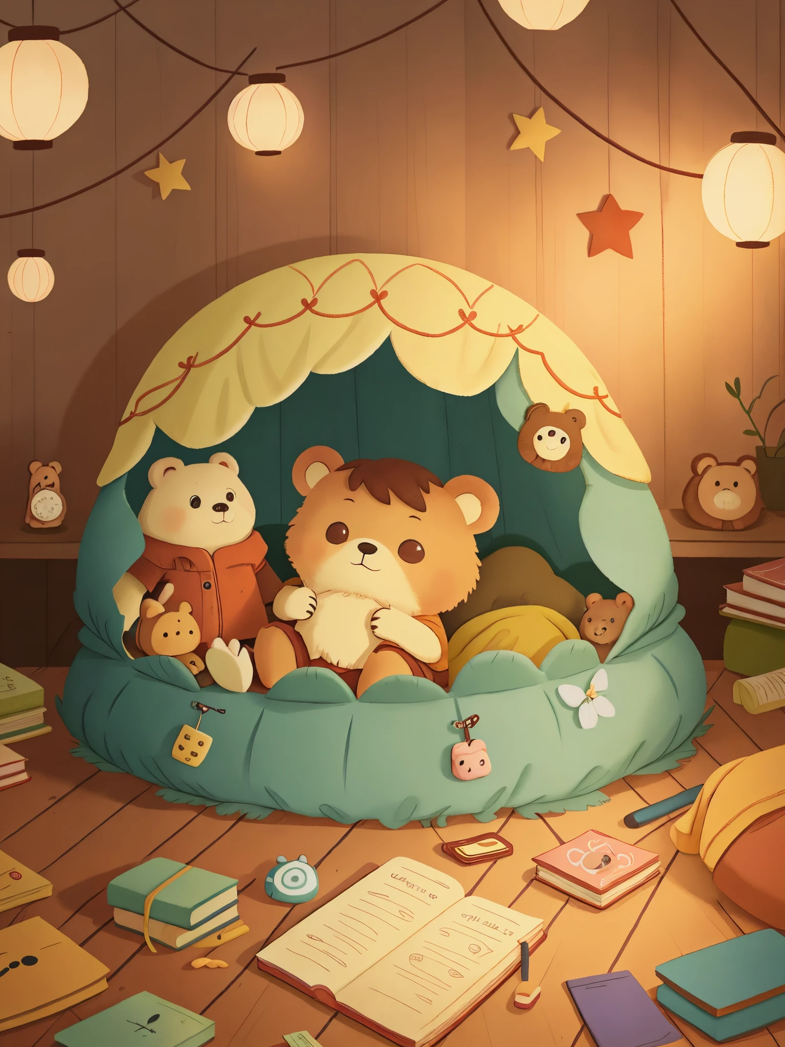  bear sleeps in his own cozy bed，Surrounded by precious memories and tchotchkes it collected during its travels，