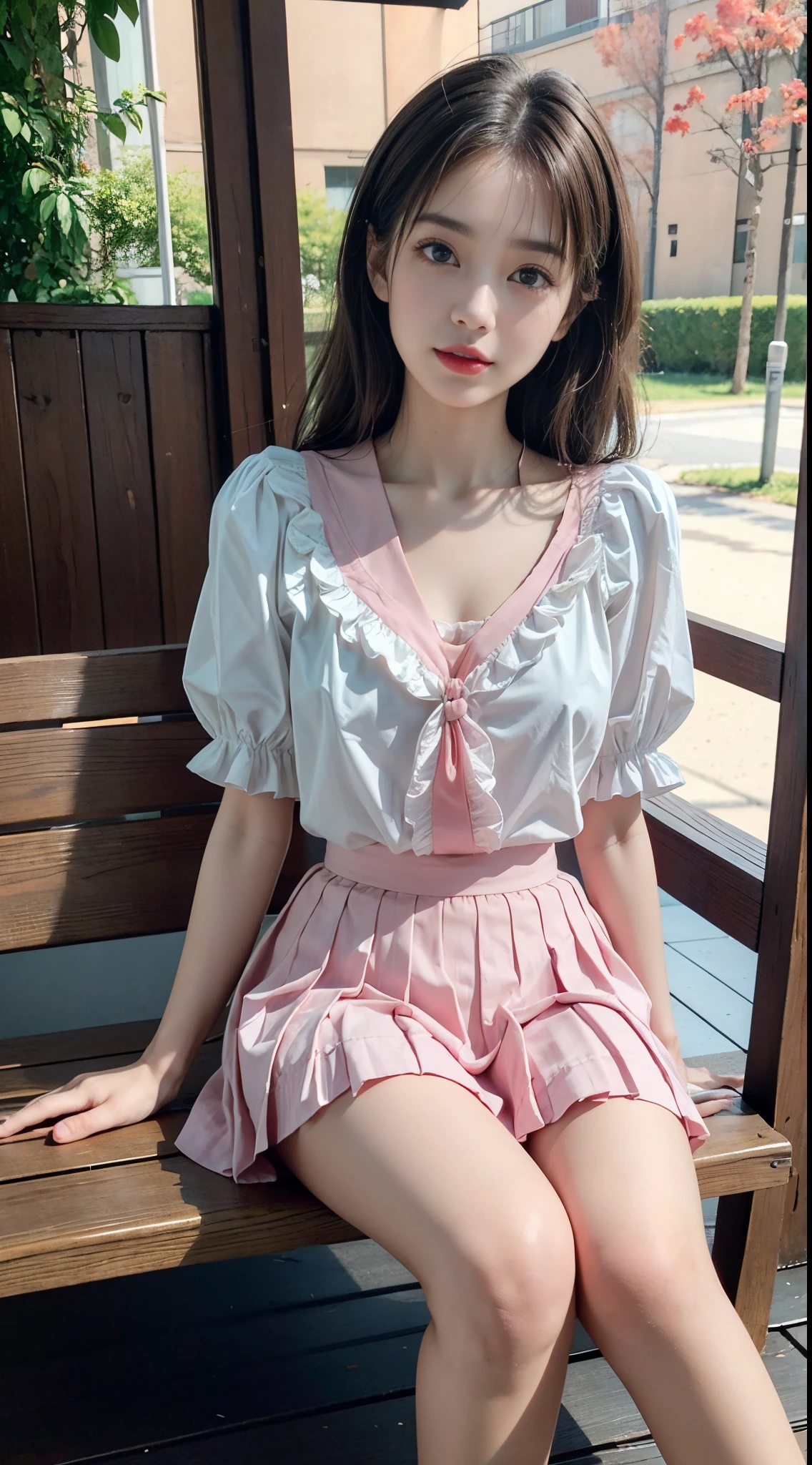 pleated skirt,pink skirt,pink sailor collar, fashi-girl, red lips, mature female, makeup, Big eyes, Pretty eyes, ((full body)), ((Random shooting angles)), (best quality, masterpiece:1.2), ultra-detailed, (realistic:1.37), beautiful, youthful, glamorous model with (detailed eyes, detailed lips, extremely detailed eyes), with white and floral colors, showcasing a radiant smile, creating a breathtaking depiction of a girl, Warm tones, extremely high color saturation, official art, extremely detailed CG unified 8k wallpaper,(High dynamic range :1.4), (cinematic),(soft colors, dull colors, soothing tones :1.3), (natural skin texture, ultra-realistic, soft light, sharp),(very detailed), Night, moonlight, In an antique pavilion, sit on a bench against the guardrail