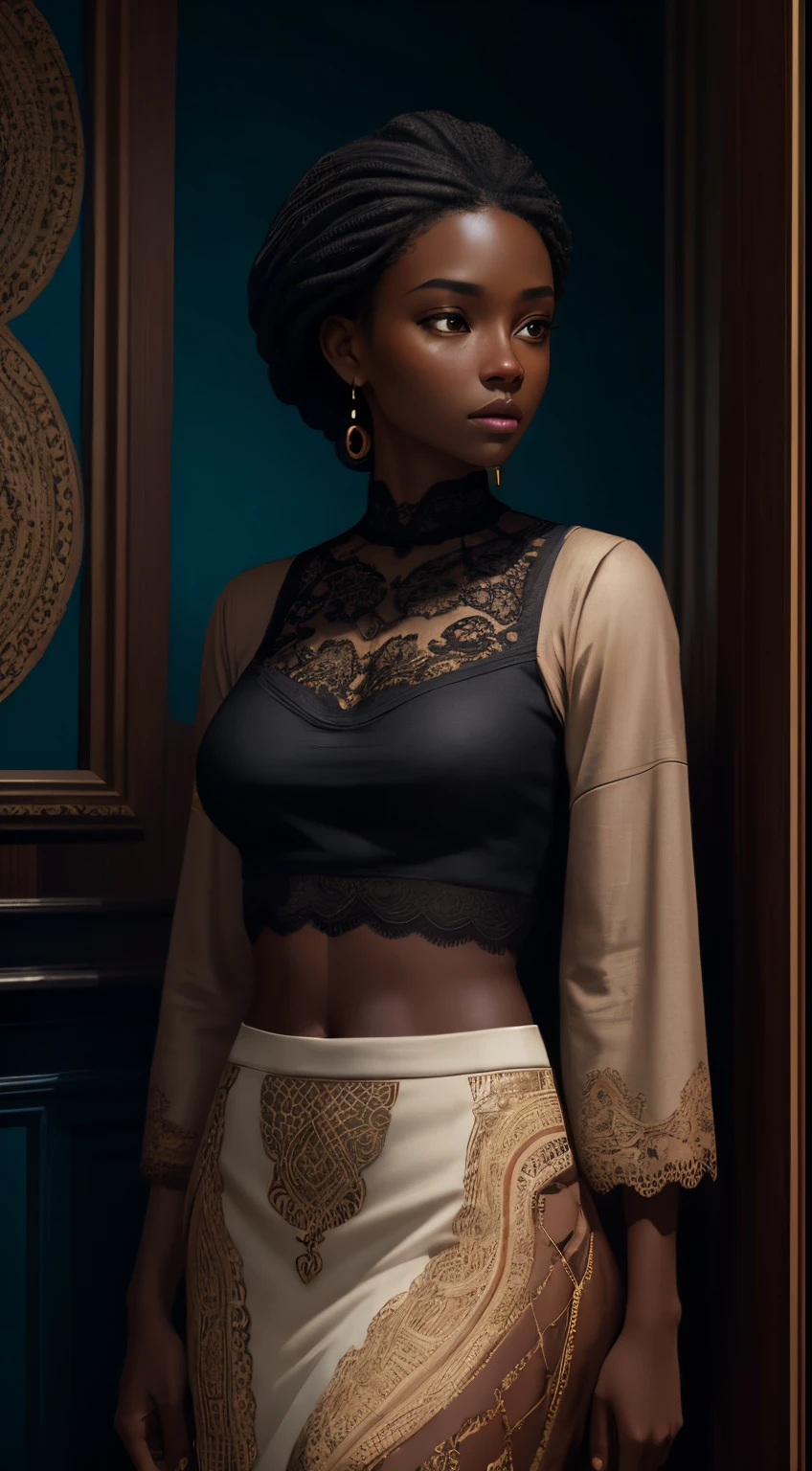 A brief moment of calm, beautiful black woman with cinnamon skintone, dark skin, neutral color lace clothing against the vibrant colors of a wall tapestry. Portrait shot with peach color and cyan lighting , detailed intricate , in the style of James Jean and Thomas Kincaid ,wabi sabi , beautiful, masterpiece, behance winning, oil painting, romanticism