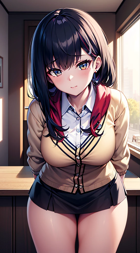 (highres,8k,ultra-detailed,masterpiece:1.2),ultra-fine painting,physically-based rendering,sharp focus,professional,vivid almond-shaped eyes,glossy long black hair,thick thighs,wearing a cardigan and mini skirt,showing one ear,a high school student,Takarada Rikka(SSSS Gridman)