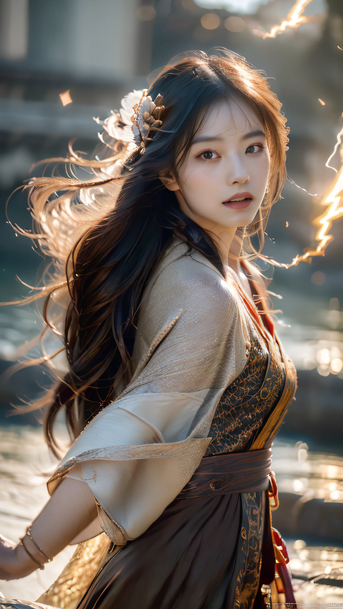 (skindentation:1.5), Realistic, Photorealistic, (masterpiece:1.5), concept art, intricate details, highly detailed, photorealistic, octane render, 8k, unreal engine, dynamic pose, best quality, highres, (realistic face:1.1), (hyperrealistic:1.1), ((full_body)), perfect eyes,(shiny skin:1.2), (((hairstyle))), (((perfect handtremely detailed background), haunted island, ((dynamic background)), ((lightning)), (light rays), (1girl), wearing cloak, (((flowing cloak))), ((detailed eyes, high quality eyes, high quality face)), long hair, (((flowing hairstyle))), 1girl ((controlling the water)), (((whirlwind of water))), ocean, tsunami, magic, (dramatpic, depth of field, bokeh, 4k, gothic, ((raining)), energyball between hands
