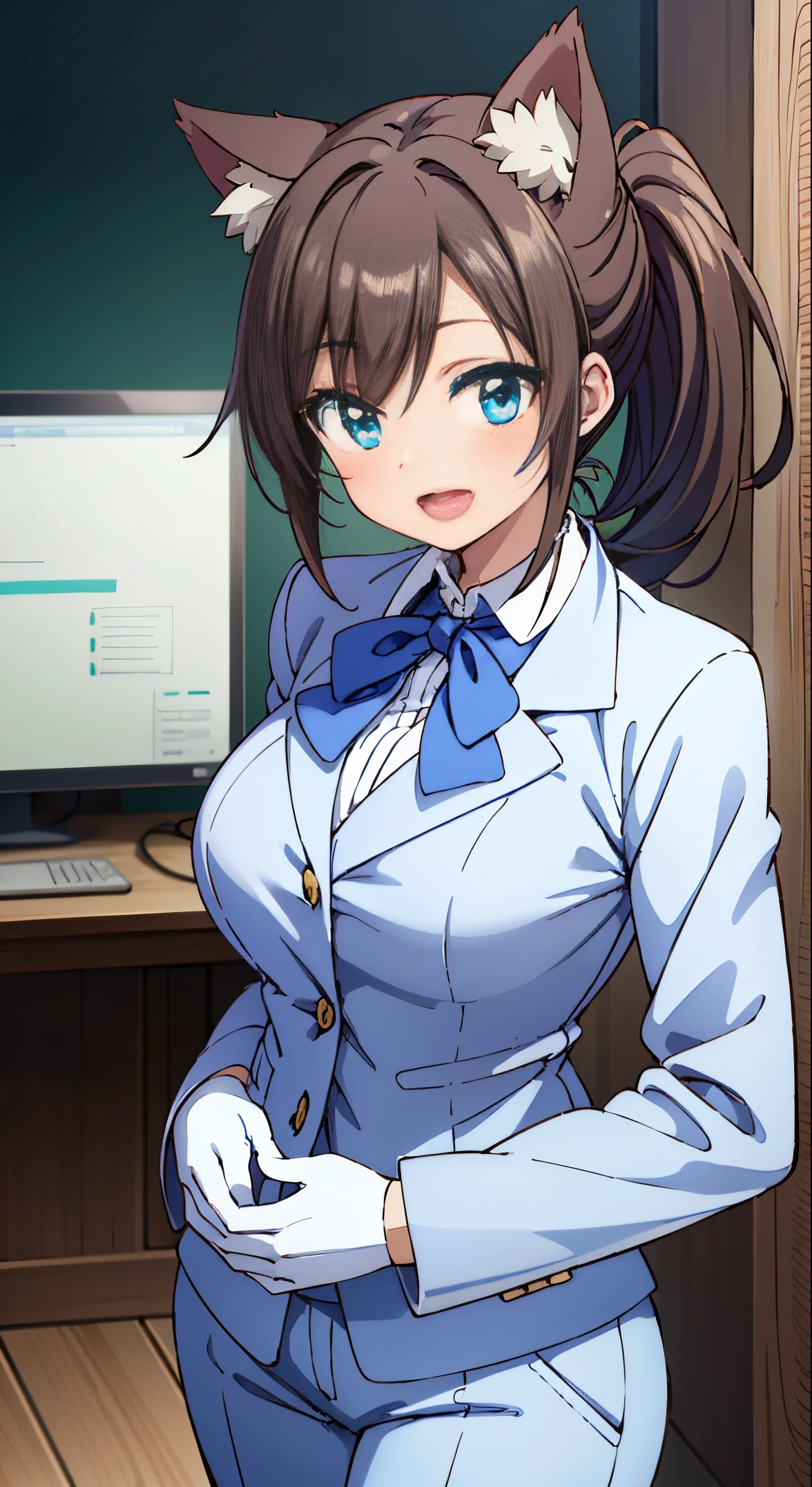 (masutepiece, Best Quality, Perfect Anatomy, High quality:1.4), absurderes, absolutely resolution, unbelievable Ridiculous, hight resolution, ultra-detailliert, Official art, Unity 8k壁纸, Kinetic typography,nice hand, Perfect hands, Detailed beautiful hands, Large_filesize, fulcolor, hight resolution, symmetric, exceptional, Best aesthetic, newest, Anime, very beautiful detailed body,The hair,faces,The eye, BREAK, 1 beautiful girl, ( girl), Very detailed, colourfull, highest details, BREAK, (Huge breasts: 1. 2,), Clear skin, Beautiful skin, Shy skin, 1 beautiful girl, Brown hair, (Cat ears, Ponytail, medium-Long hair: 1. 2), (Light blue eyes, long eyelashes, Double eyelids: 1. 2),Solo,gleaming skin, Clear skin, Beautiful skin,(best quality face),(Top quality glowing eyes),(The best smile,:D:1.45),
BREAK is the elegance of the traditional British manor butler,
equipping, Tailored blazer in classic neutral tones,
High-waisted trousers with straight or wide-leg cut,
A crisp white button-up shirt for a timeless look,
Polished oxford shoes for a sophisticated touch,
A classic black bow tie for formal menswear.,
Leather gloves and vintage watches as accessories.
Sleek bun or low ponytail for a sophisticated hairstyle,
Minimal makeup that emphasizes defined eyebrows,
Create a sophisticated look with subtle pearl or stud earrings,
BREAK ,(Office, desk work, whiteboard, sofa, buildings from window,Makuhoku Computer,
(upward looking gaze :1.2) ,
Looking Up ,
From above ,depth of fields,
BREAK,wakame,wakame,wakame,(Cowboy Shot:1.4),
BREAK,(Blurry background:1.3),(absurderes, hight resolution, Super Detail Art),cel shading,Clear Color, Lonely optical effect, Beautiful pictures, Bright glow, mystic atmosphere,(Close-up of girl:1.1), Mystical light particle effect,manga influence, clean line drawings,
