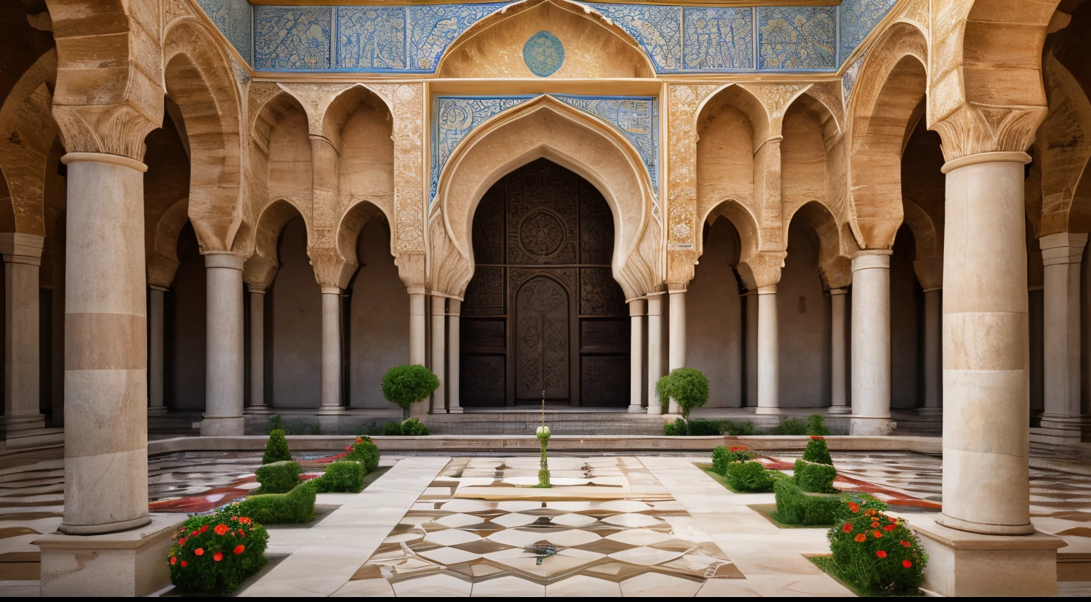 Hanging gardens, architecture, monastery, mosque, vibrant flowers. Spanish moroccan architecture, by Jean Leon Gerome, Asher Brown Durand. --test --h 384