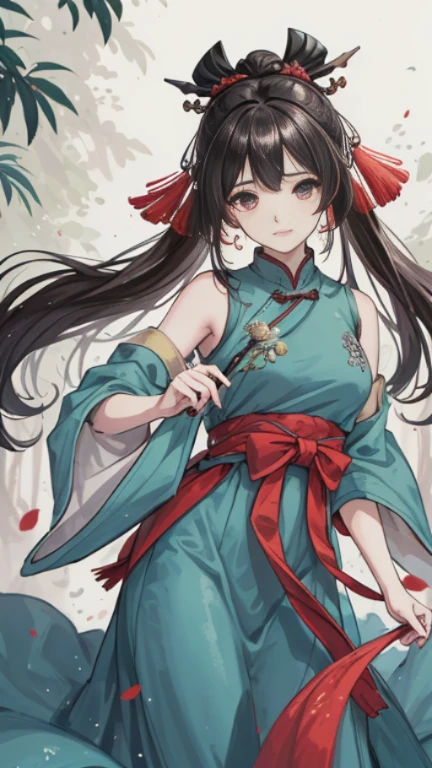 "Extremely detailed CG unity 8k wallpaper，tmasterpiece，Best Picture Quality，【😊Colored Forest，depth of fields，Lots of splashing water droplets:1.2，petals，surrounded by toys，ventania，leafs，grassy fields，volumettic light】black hair color hair，china idol，The face is red，Hanfu，ssmile，Half of the body is in the water，Chinese style Hanfu，Air bangs，