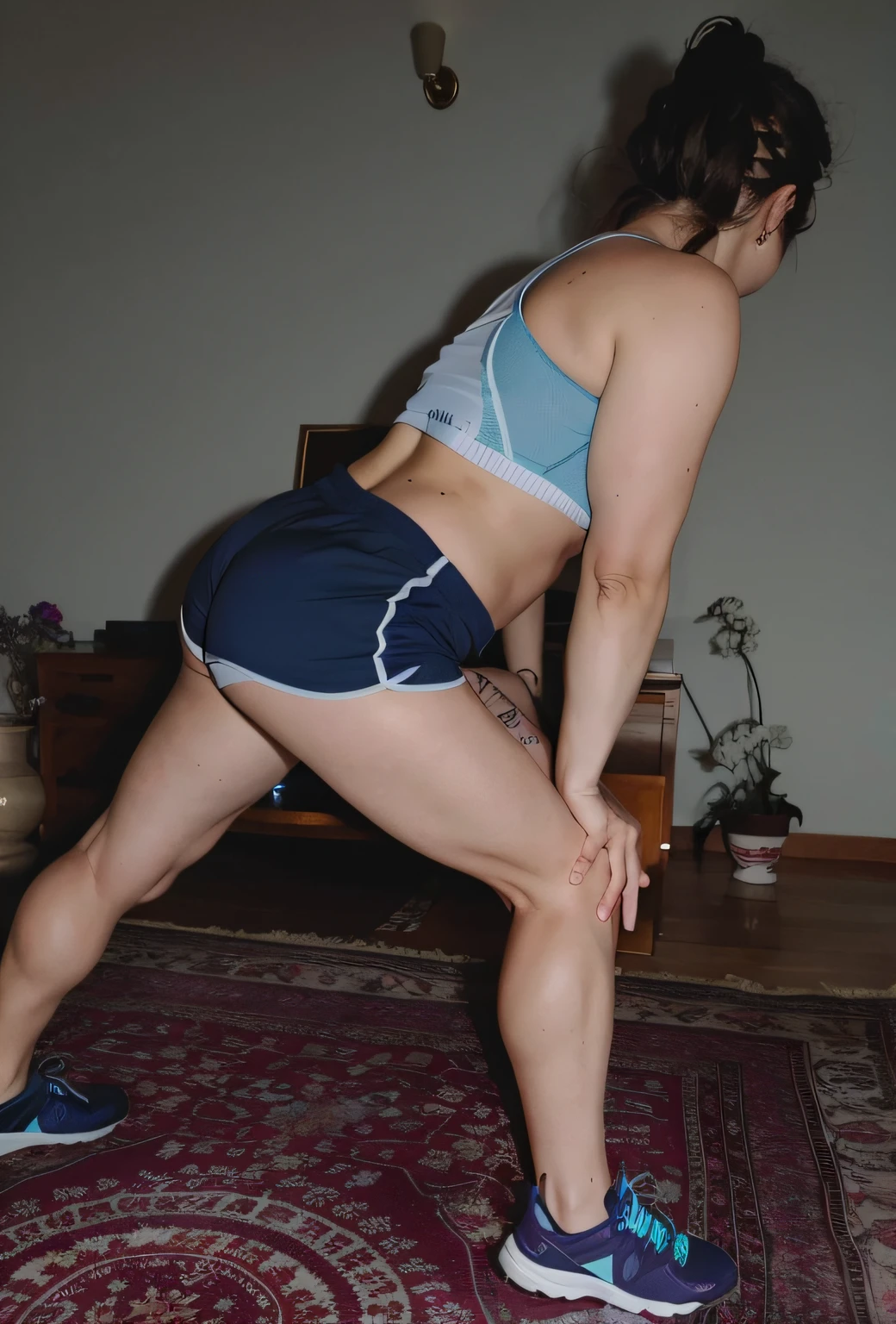 arafa woman with sports bra top and shorts stretching, sport bra and dark blue shorts, pose lateral, foto fit, coxas expostas!!!, de bermuda, tiro na perna e no quadril, costas arqueadas, malhar, foco nas coxas, Coxas!!!, tiro longo de costas, Curvando, tiro lateral, sport bra and shorts, 3/4 vista lateral, Coxas!!!!!!
