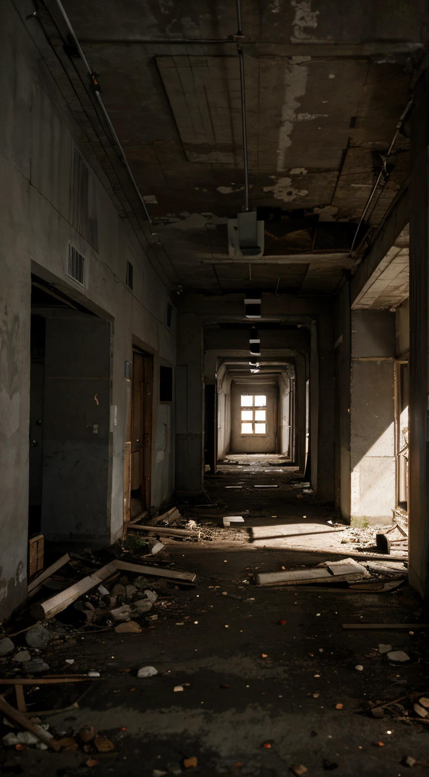 Abandoned facory, wide shot, low light, grey wall