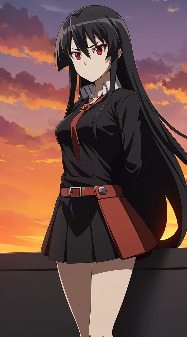 Akame (akame ga kill) anime art style, master piece, best quality,1girl,siting ,very long black hair, perfect face, beautiful red eyes ,medium breasts ((school uniform White shirt arms short ,black skirt )),red tie, black belt , looking at me ,full body, background school