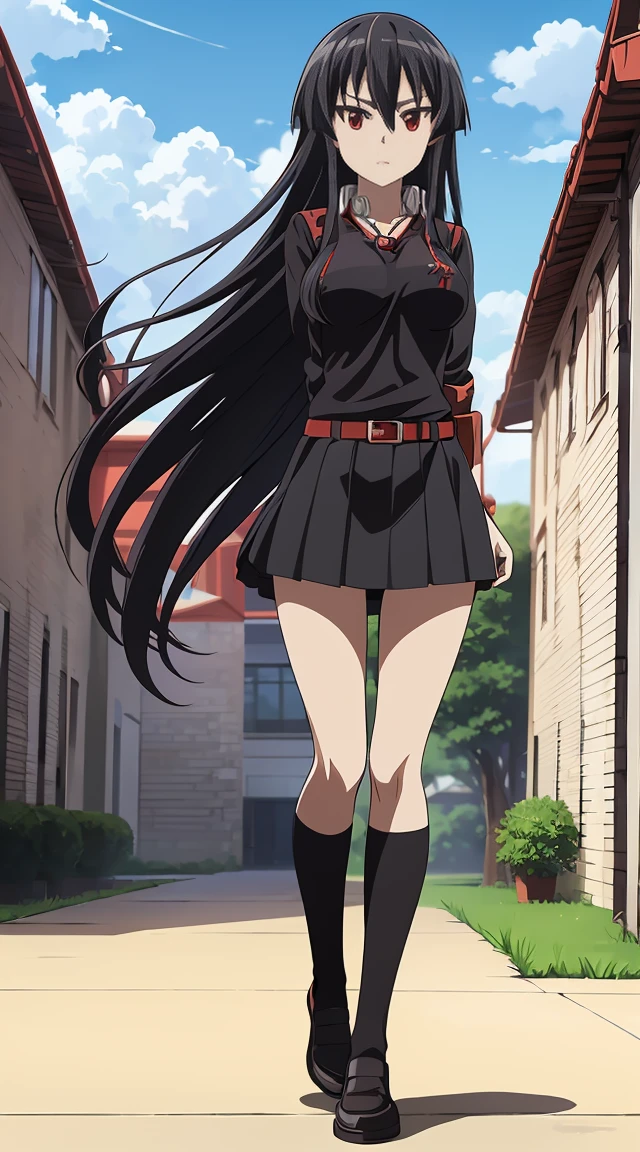 Akame (akame ga kill) anime art style, master piece, best quality,1girl,siting ,very long black hair, perfect face, beautiful red eyes ,medium breasts ((school uniform White shirt arms short ,black skirt )),red tie, black belt , looking at me ,full body, background school