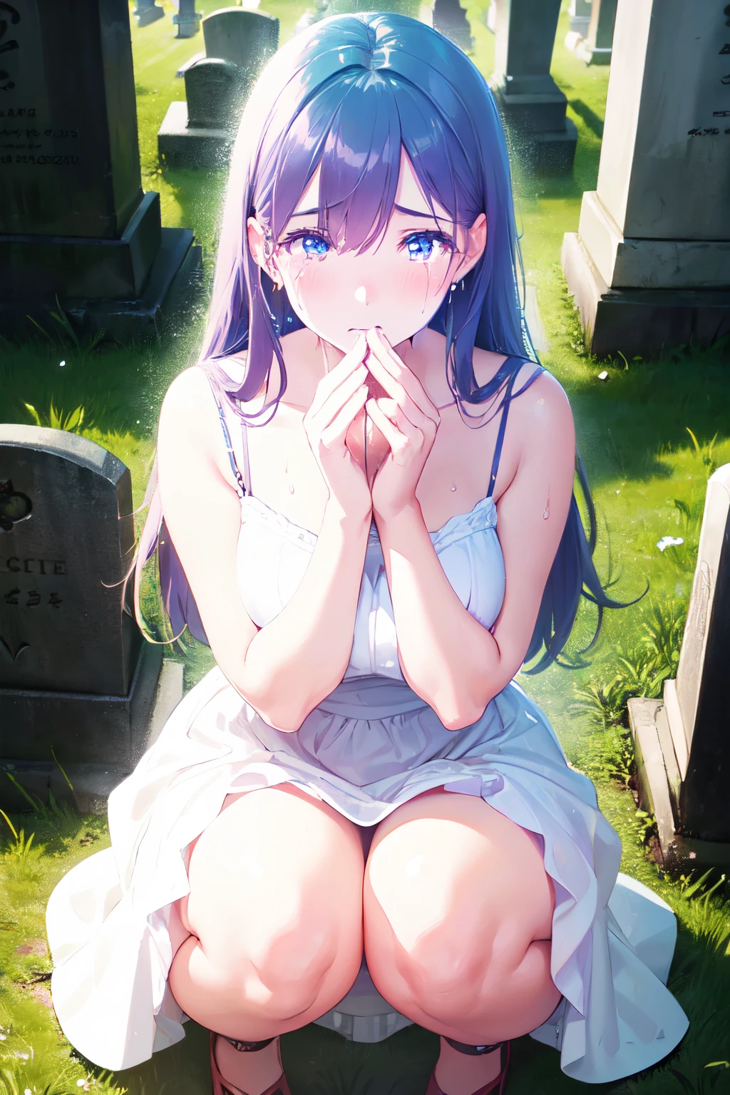 (High quality, High resolution, Fine details), Realistic, (graveyard), (Sitting), (Squat), (Crying:1.2), solo, White Dress, curvy women, sparkling eyes, (Detailed eyes), blush, Sweat, Oily skin, shallow depth of field