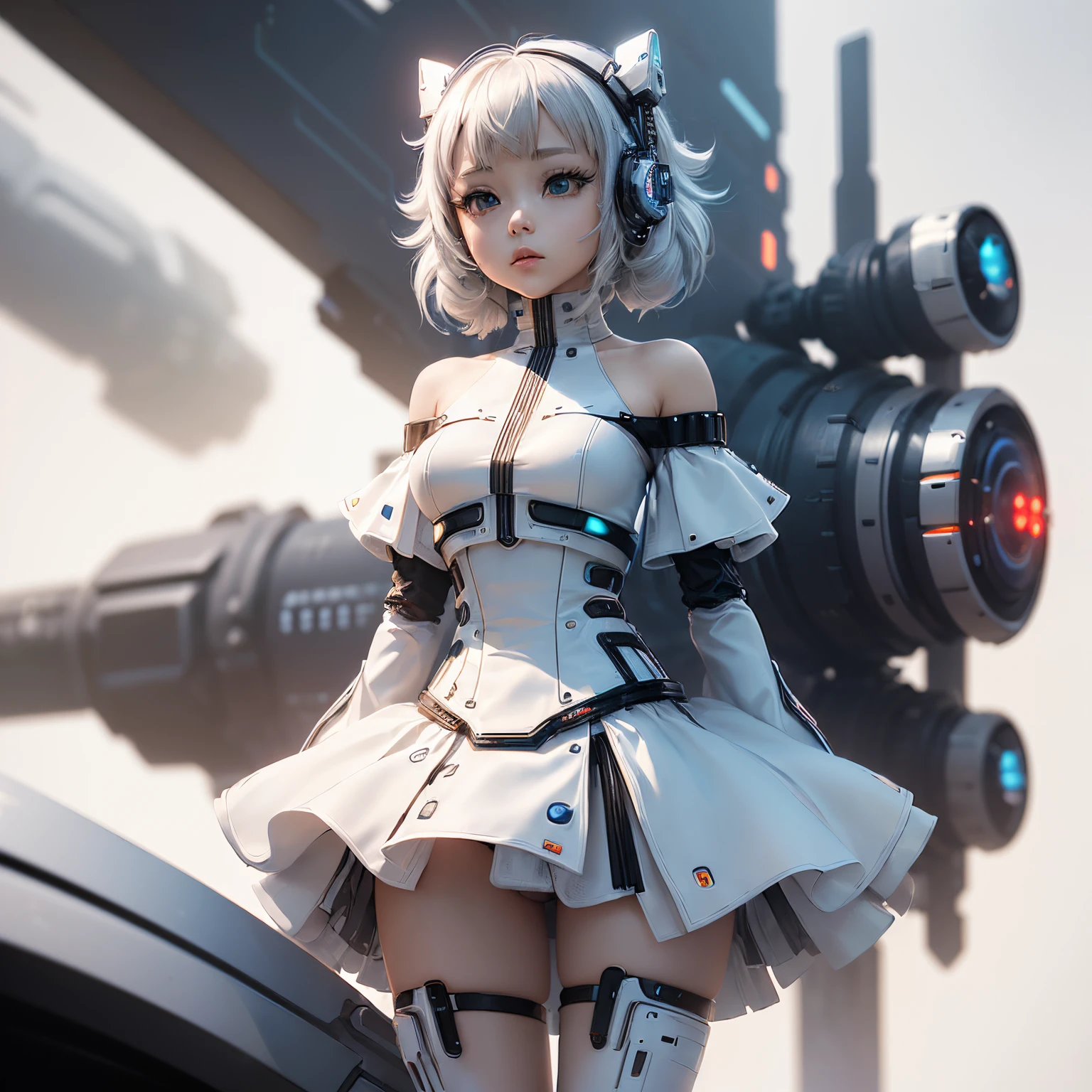 ​masterpiece、top-quality、ultra-detailliert、（Chibi Chara's Daughter：1.4），（White theme：1.3），（cyber future design：1.4）（White High Neck Cyber Dress Rare Sleeveless Skirt、Bare shoulders：1.5），（Metallic fabric with built-in LED light：1.3），（Hair ornament inspired by the cyber future：1.3），（Cyber futuristic city on white background：1.5），（Blurry：1.4），chibi character anime 3d