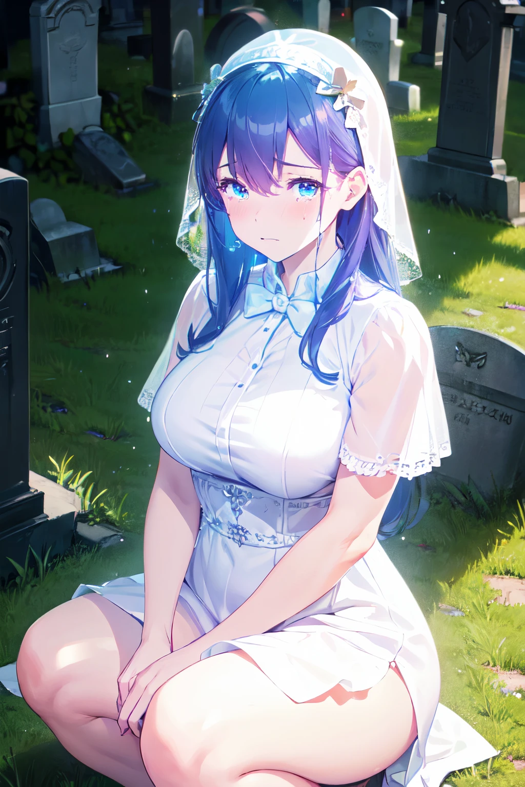 (High quality, High resolution, Fine details), Realistic, (graveyard), (Sitting), (Squat), (Crying:1.2), solo, White Dress, curvy women, sparkling eyes, (Detailed eyes), blush, Sweat, Oily skin, shallow depth of field