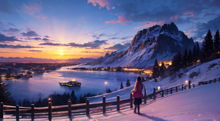 (8K,RAW photogr,Best quality at best, tmasterpiece,HighDynamicRange,full bloom:1.2),girl,Desktop Wallpapers,En plein air,电影灯光,Beautiful night,​​clouds,mont,Snow resort,Skysky
