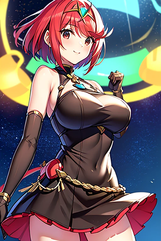 (8K, Best Quality, masutepiece:1.2), (Realistic, Photorealsitic:1.37) , 1girl in, (carousel, Night), Miao Xiaoji(secret_tee), Detailed face, Detailed eyes, Black Dress、masterpiece, top-quality, girl with, pyra\(Xenoblade\), girl with, bangss, breastsout, Akame, Mouth closed, Eye lashes, Floating hair,breastsout, Red hair, Masatsugu Saito, short-hair, skins 、独奏, swept bangs、Xenoblade Chronicles\(Series\)、(Xenoblade Chronicles 2)、Homura、