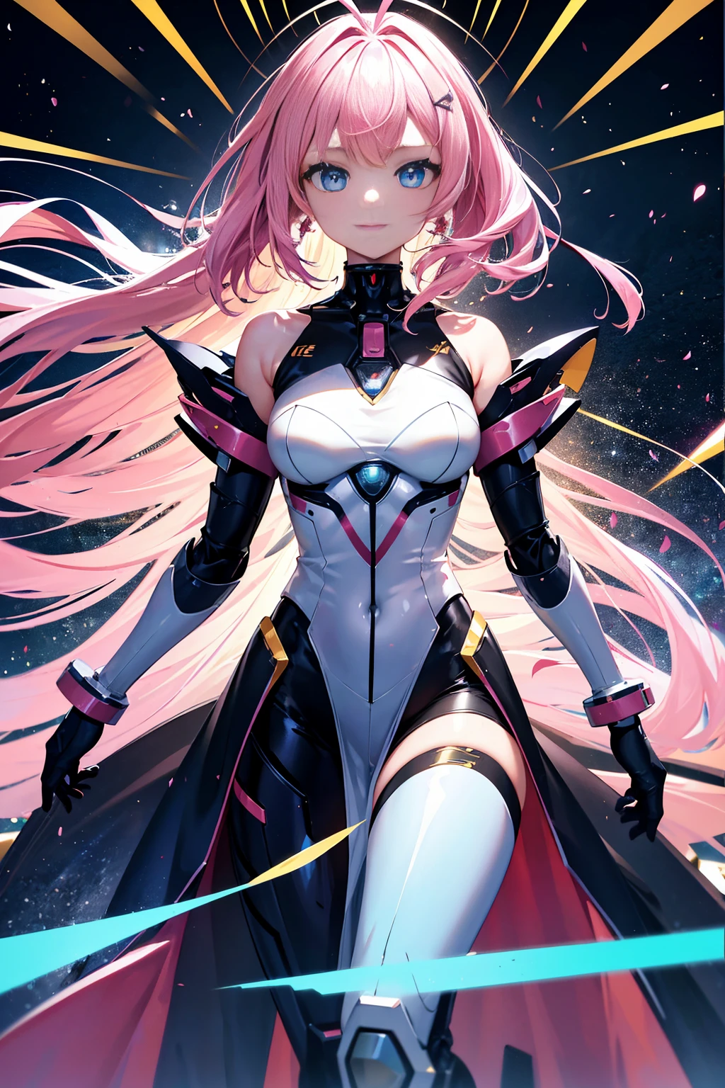 (8K, HighestQuali, tmasterpiece:1. 2),Hyper HD, retina, anatomically correct, skin texture, super detail, highest quality, high resolution, hyper detail, solo, one girl, full body, smiling, mecha girl, (pink hair), blue eyes, (shining pupils ), small girl, female, medium chest, beautiful skin, mecha parts,,mecha antenna, high quality, masterpiece, delicate facial features, delicate hair, delicate eyes, delicate hair, high resolution, beautiful detail, excellent human structure
