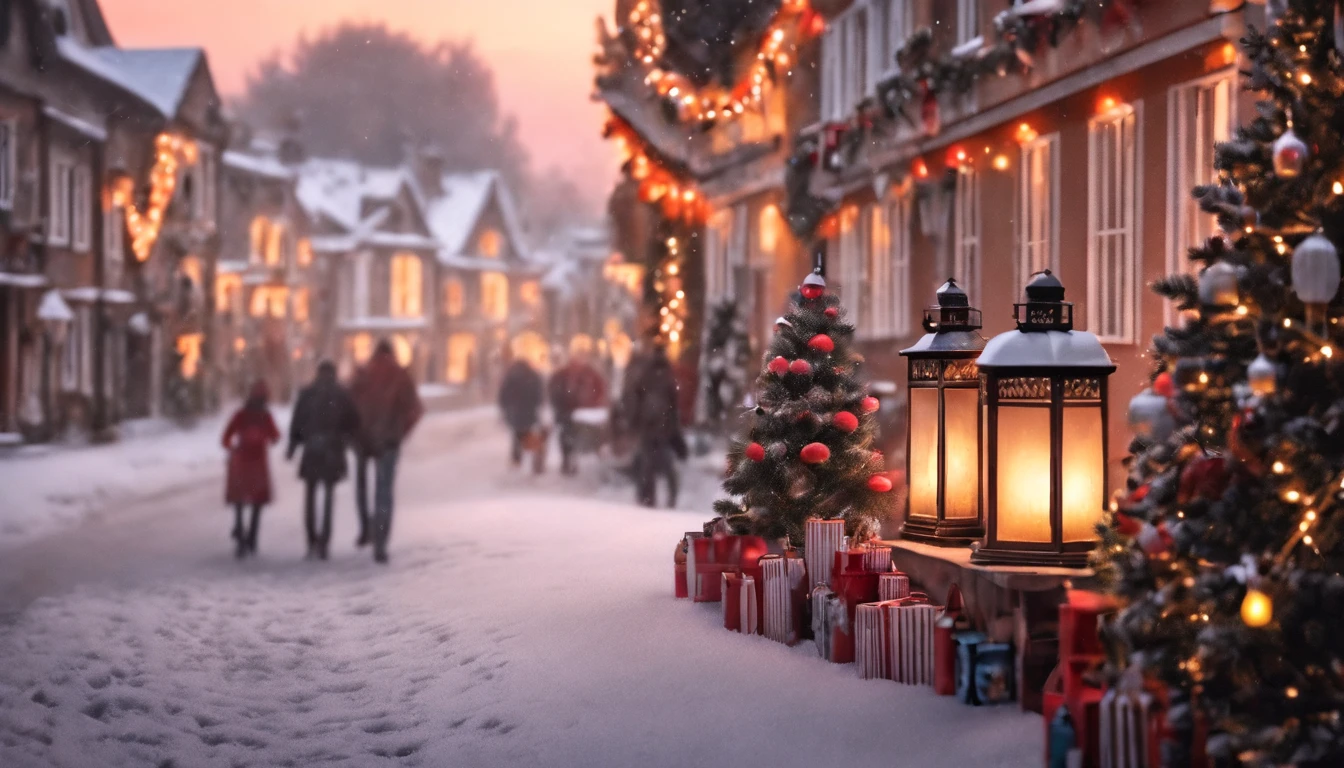 Breathtaking cinematic photo of a real Hyperrealistic christmas landscape photo of a village covered with snow in the ethereal mist,((snow is falling)), (((christmas tree:1.8 in the center: 1.5)))), ((street lanterns: 1.8)), (((people walking on the street))) houses with illuminated windows, smokey chimneys,vivid colors, snowy sky, sunset,pink color gradient to orange color in the sky, extremely high-resolution details, photorealism, realistic lifelike textures, masterpiece, best quality, photograph, intricate details, sharp focus, photography, photorealism, photorealistic, 8k, volumetric light, (intricate details), (hyperdetailed), hdr, high detailed, high quality, soft cinematic light, dramatic atmosphere, atmospheric perspective, ultra realistic, neutral colors, cinematic lighting, sharp focus, wide angle, film grain, dslr, raw photo,