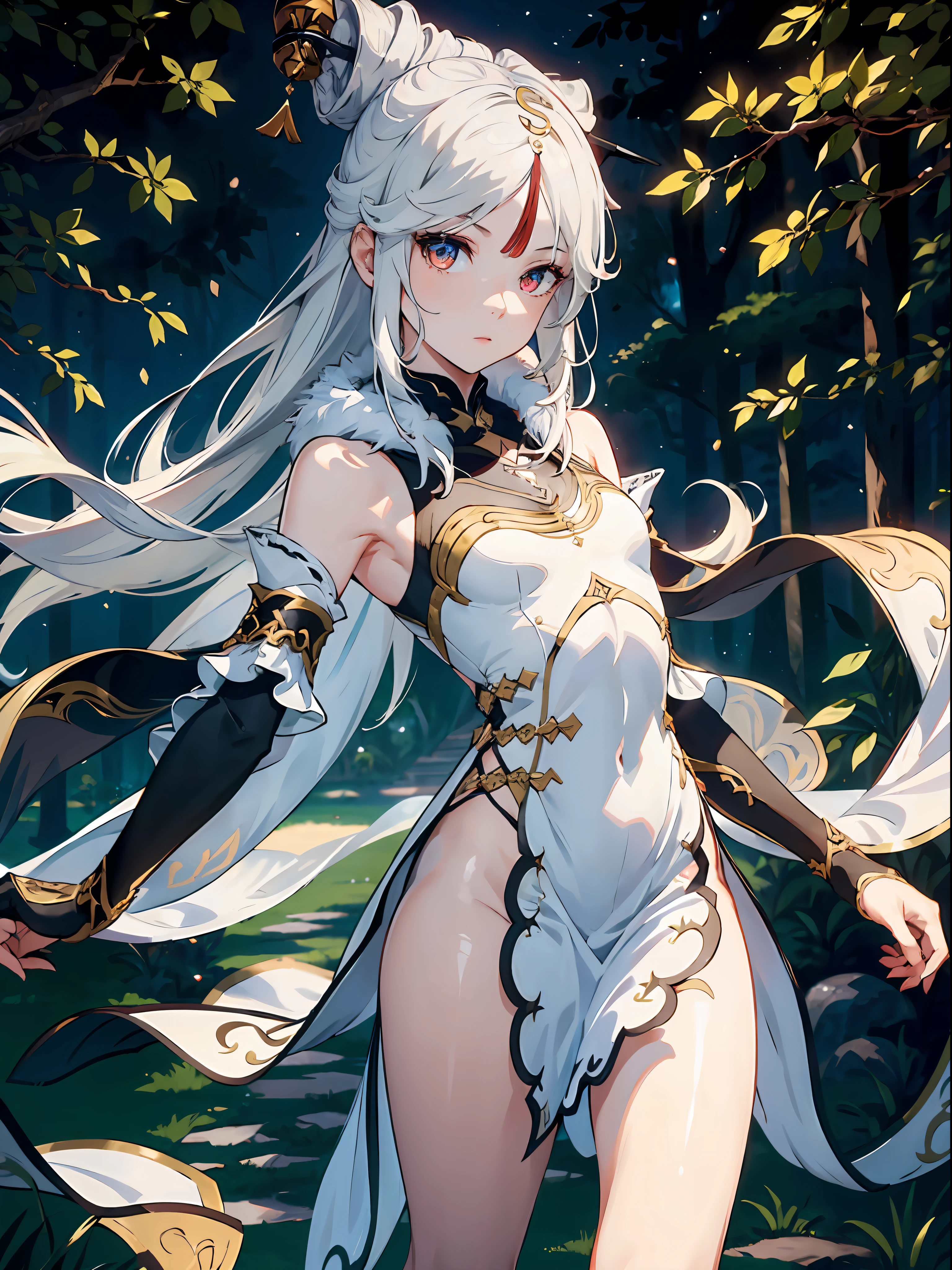 1girl, (solo:1.2), ((masterpiece)), [slim], (small chest), pale skin, ((detailed eyeokeh effect), (dynamic angle), dynamic pose, ningguangdef, white hair, long hair, white dress