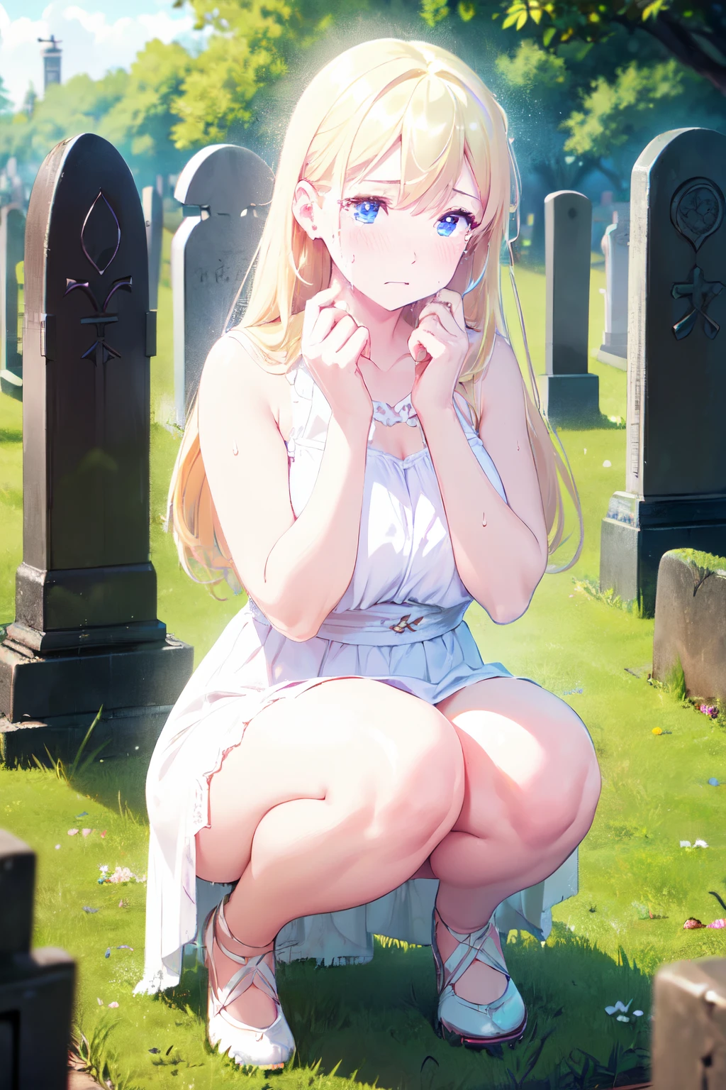 hight resolution, absurdres, best_Quality, Ultra_Detailled, 8K, extremely_clear, photo, beautiful, Beautiful face, Scharp Focus, HDR, 1girl, Clean eyes, very wide-eyed,old japanese graveyard in background with much moss, hanabi, Beautiful face, very red areola, standing , very seductive pose, very young, no bra, bare chest, No Top, NSFW, Blond long hair with red ends, pierced ears, marin kitagawa