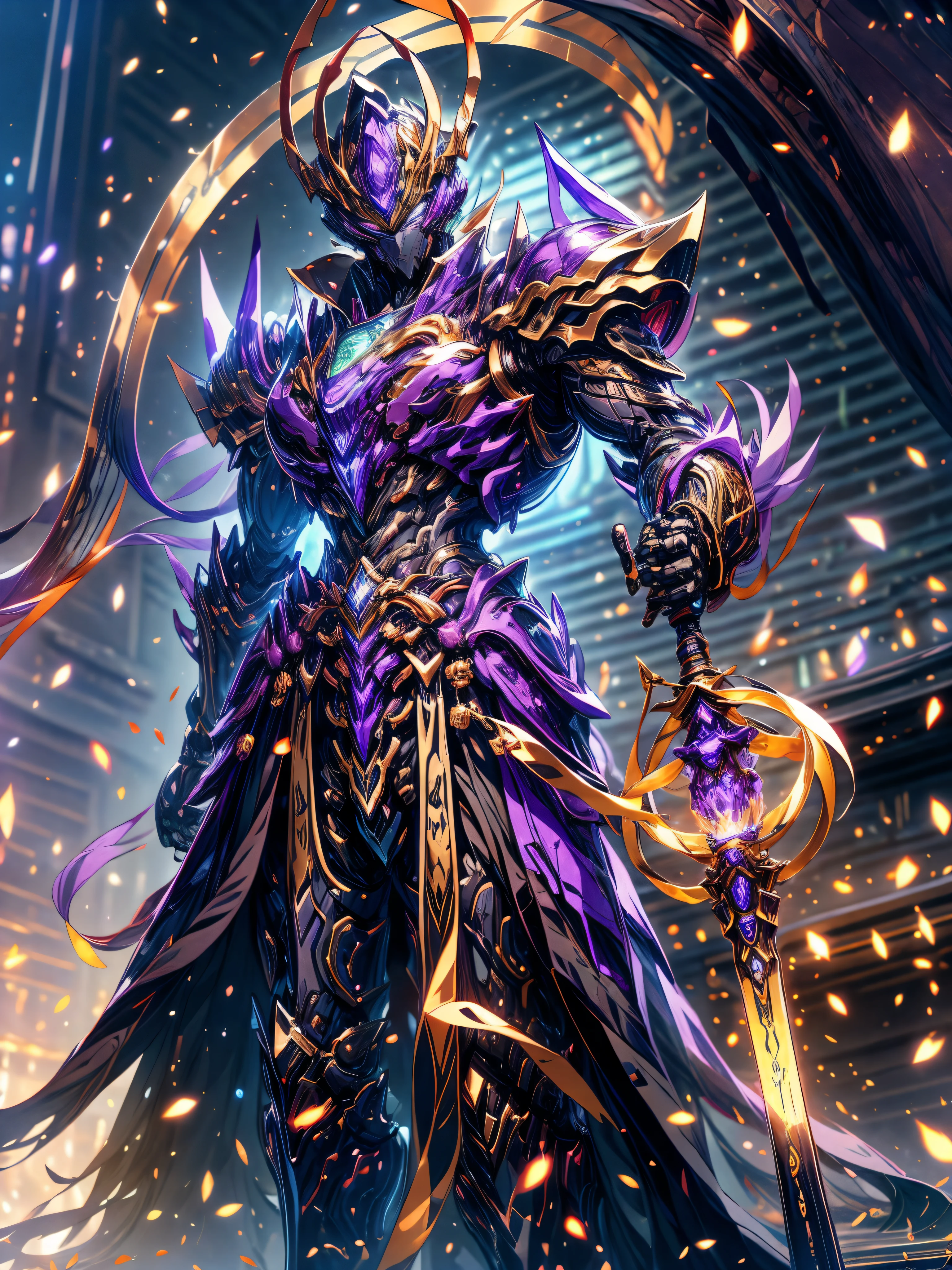super wide shot, Full body frontal photo,Mecha male warrior,Heroic style of the Three Kingdomech color: Purple deep series》,(《Romance of the Three Kingdoms》,《Sima Yi》,Magic weapon in hand,),(Full body mecha), Keqing from Genshin Impact, (Masterpiece) , The best quality, High quality,Gold armor,电影灯光, (Exquisite future), Beautiful and beautiful, Ultra detailed, great composition, Floating, Depth of field, (Very detailed CG,Unity 8k壁纸), (Beautiful detail background), dramatic lights, GOGETTA, Mecha,best qualtiy,超高分辨率,