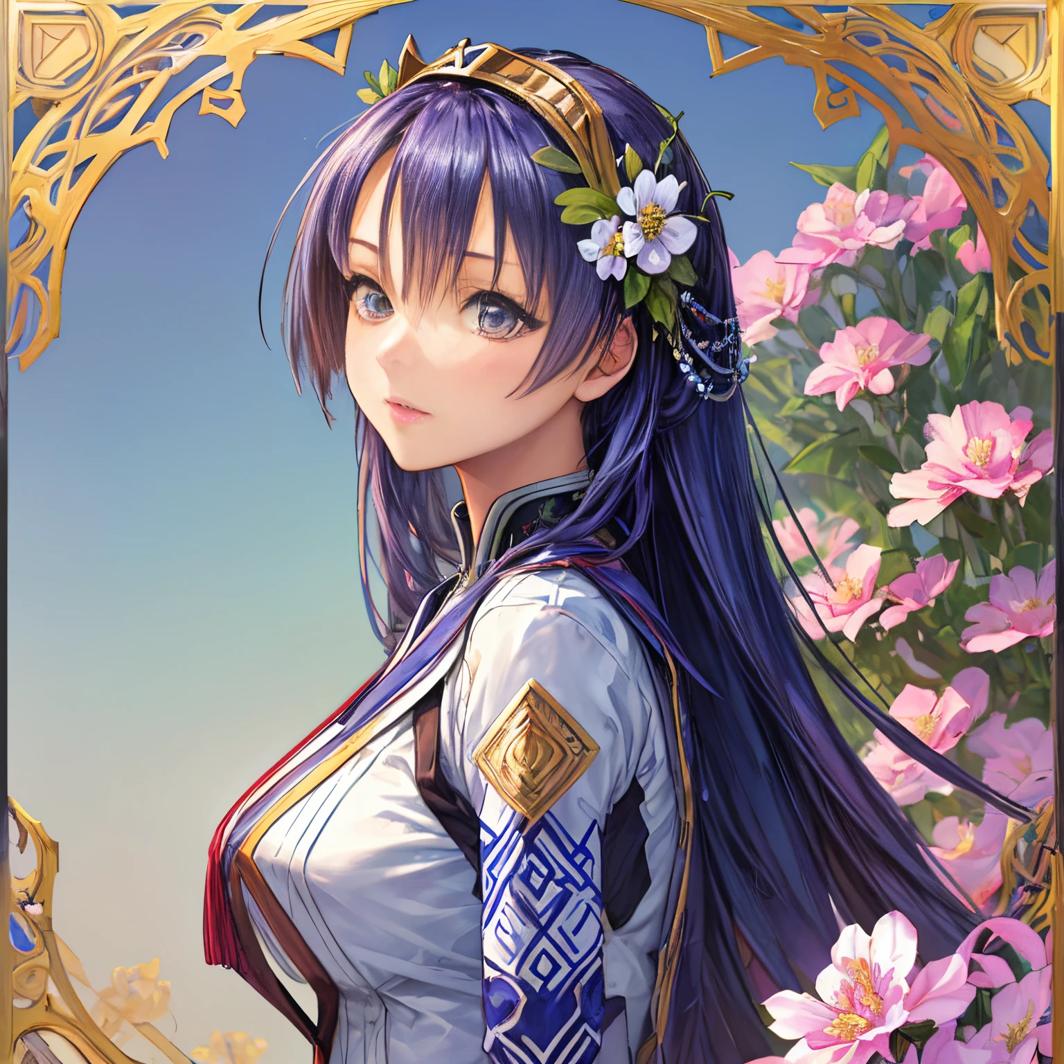 (masutepiece, Best Quality, detailed beautiful:1.2), (Perfect sketch, detailed clothes, Detailed eyes), Krenz Kchart Style, Alphonse Mucha style, (1girl in), Solo, (looking left), Dressed like a Norse goddess, (Portrait, shot from a side angle), A lot of flowers in the frame,