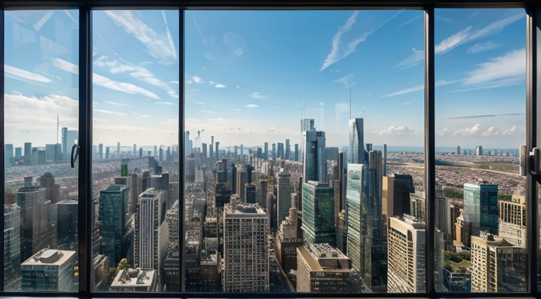skyline of many tall buildings, crowded city , window view, , noon day time , realistic , 4k , hyper realistic