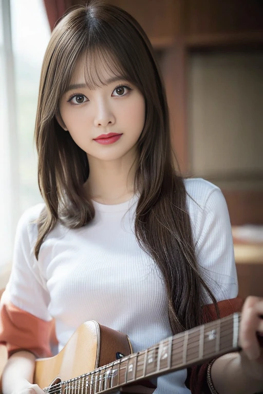 (in 8K, Raw photo:1.2)Detailed face and eyes,Best Quality, 超A high resolution, Highly detailed 、finely detail, hight resolution, hightquality、Perfect dynamic composition, Beautiful detailed eyes, A dark-haired、Longhaire, small tits、Natural Color Lip、20 years girl、1 person、Transparent skin、Glowing hair、random facial expression、masutepiece, Best Quality, finely detail, hight resolution、The correct state of the human body，Hair soaring in the wind、｟holding an electric guitar｠、（white t-shirts）