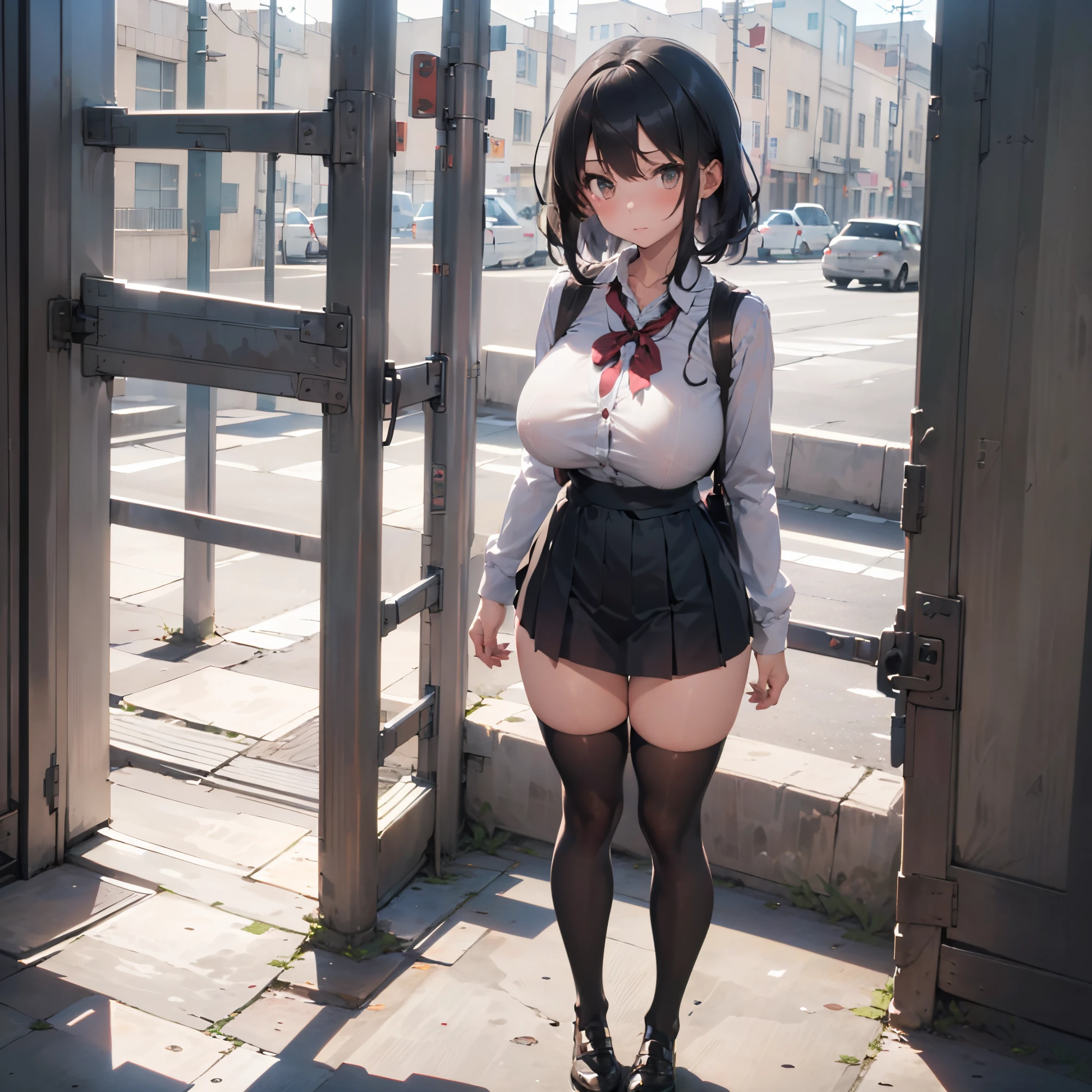 (1 girl standing:1.3), (solo:2.0), (huge perky breasts:1.7), thin waist, (thin long legs:1.5), (black thighhighs:1.3), (very short skirt:1.5), nose blush, school uniform