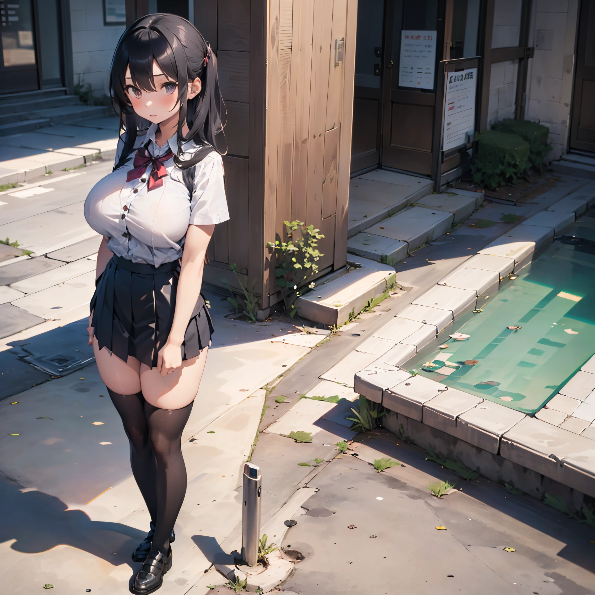 (1 girl standing:1.3), (solo:2.0), (huge perky breasts:1.7), thin waist, (thin long legs:1.5), (black thighhighs:1.3), (very short skirt:1.5), nose blush, school uniform