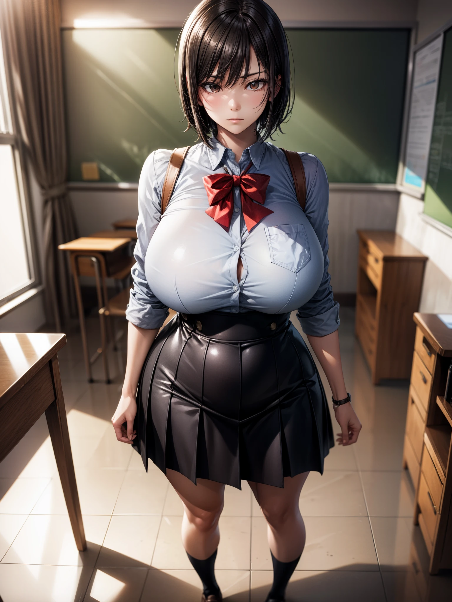 Solo best quality, masterpiece, extremely detailed CG, extremely detailed 8K wallpaper, indoors, classroom, masterpiece, best quality, extreme detail, Sharp anime style, sharp focus, intricate details, 1girl, huge breasts, highres, white school shirt, navy blue skirt, 8k, tomboy, black hair, brown eyes, female, fair skin, voluptuous, short black hair, high school girl, standing, hourglass figure, cool face, short hair, sharp and cool face, calm expression, fair skin, rather tall, full body shot, , leaning against wall, school girl, white shirt, brown eyes