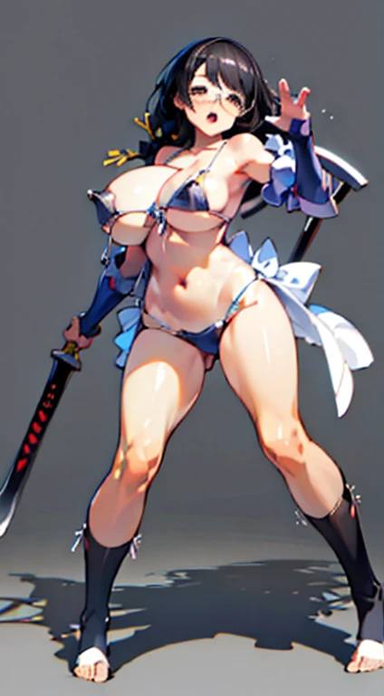 Stema Peace、hanekawa tsubasa、attack of glasses、A dark-haired、large boob、 (Black hair, Brown eyes, Round face),With ribbon, (nose blush, half opened eye),, [Full body shot]、eye glass、Head-to-toe shots、A dark-haired、wearing bikini armor、Sword in right hand、Holding a shield in the left hand、